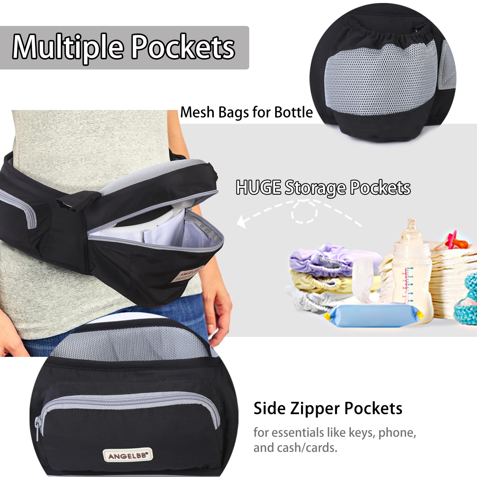 Ergonomic Baby Hip Carrier with Adjustable Straps & Foldable Seat - Newborn to Toddler Support with 180° Up-Down Position, Waistband Extender & Large Storage Pockets - Perfect for Shopping, Travel & Daily Errands (Black)