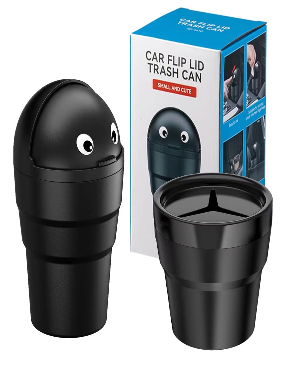 Mini Car Trash Can with Lid - Leakproof ABS Cup Holder Garbage Bin for Vehicle, Office & Home Use | Cute Automotive Accessories (Black, 2-Pack) - Perfect for Road Trips, Daily Commute & Workspace Organization
