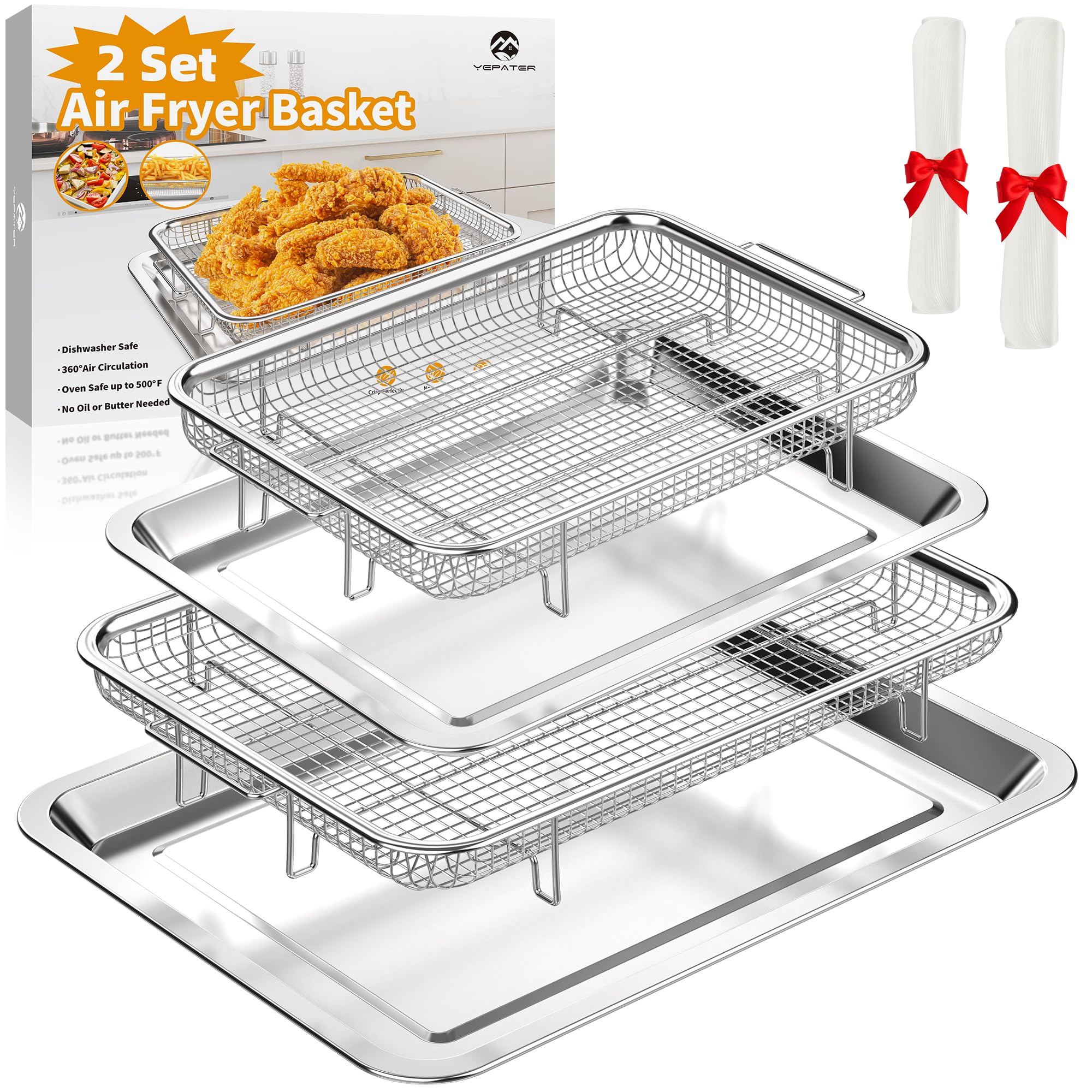 2-Pack Stainless Steel Air Fryer Basket Set for Oven - 15.6