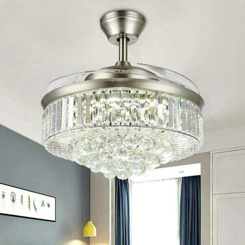 36/42-Inch Modern Invisible Retractable Ceiling Fan with LED Light - 3 Color Dimmable Crystal Chandelier Fan, 4 Retractable Blades for Living Room, Bedroom & Dining Room (36 inch Silver)