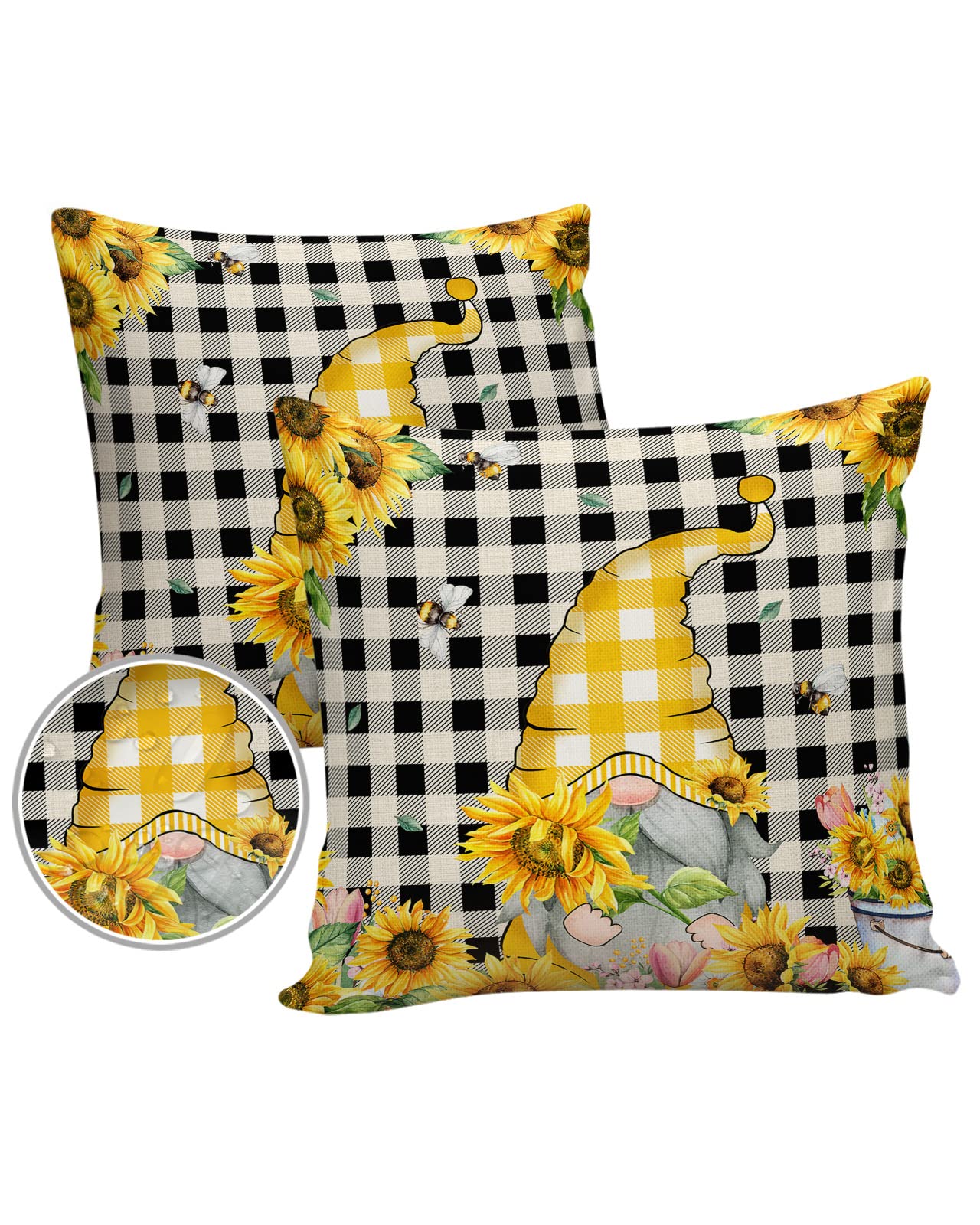 Waterproof Outdoor Pillow Covers Set of 2 - 24x24 Inch Sunflower Gnome Black & White Lattice Throw Pillow Covers for Patio, Garden, Couch & Sofa Decor - Summer Home Accessories