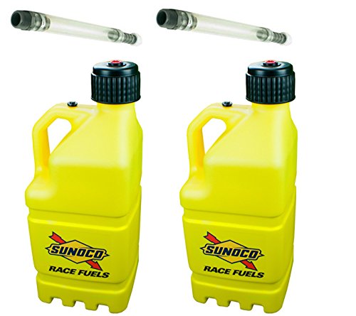 2 Pack Sunoco 5 Gallon Yellow Racing Fuel Jugs with 2 Premium Filler Hoses - Perfect for Motorsports, Off-Road Vehicles & Emergency Fuel Storage
