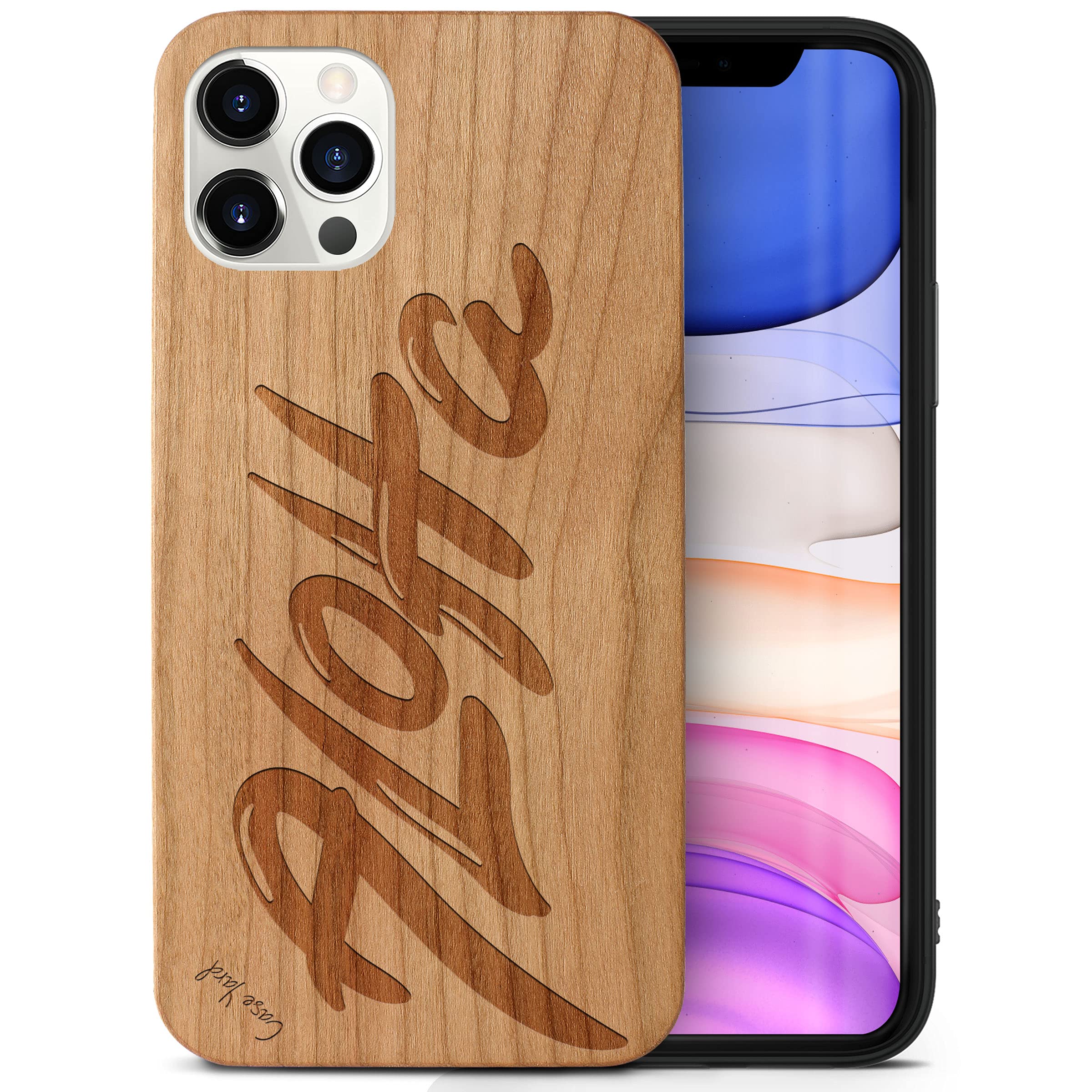 CaseYard Wooden Phone Case for iPhone 12/12 Pro - Laser Engraved Aloha Design Cherry Wood Cover | Shockproof Slim Fit Protective Case for Men & Women | Perfect for Beach Vacations & Outdoor Adventures