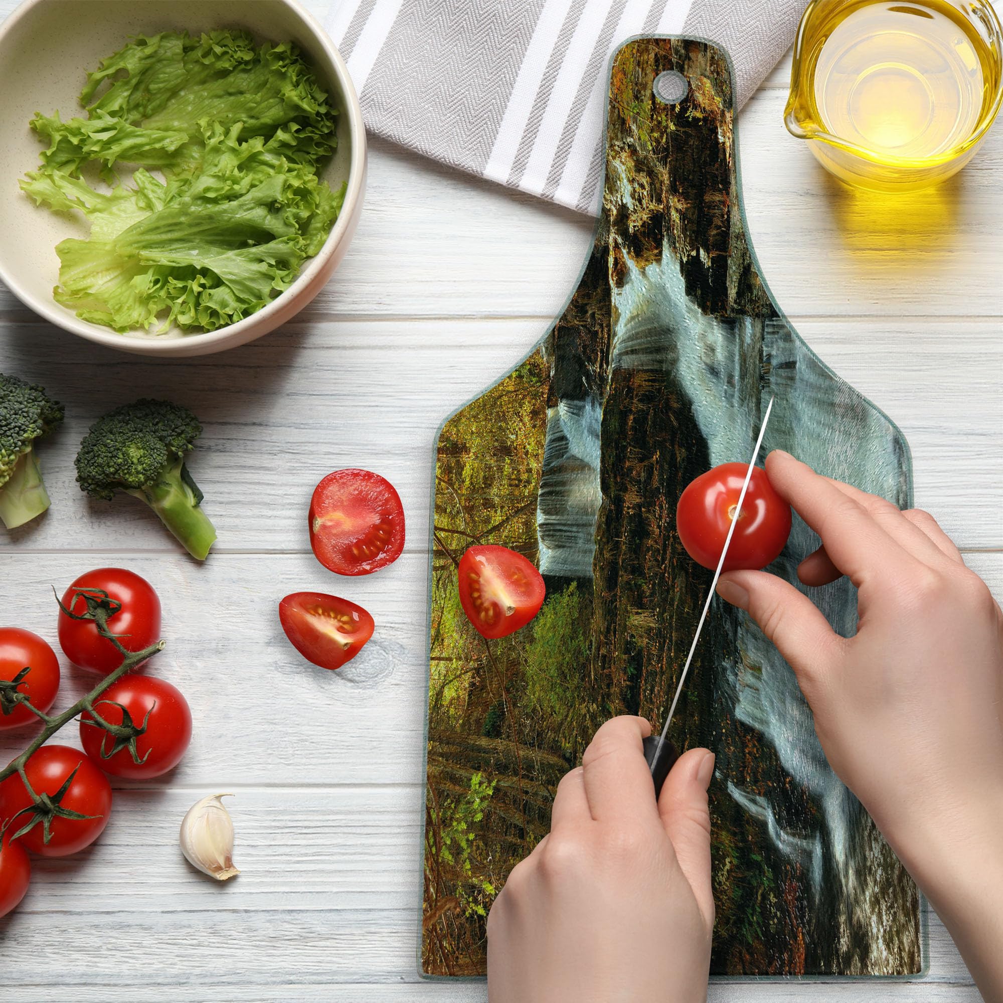 Ambesonne USA Wine Bottle Shaped Cutting Board - Delaware Water Gap Autumn Forest Scenery - Tempered Glass Serving Board for Kitchen & Dining - Brown Green White Design - Perfect for Entertaining, Charcuterie & Wine Pairing