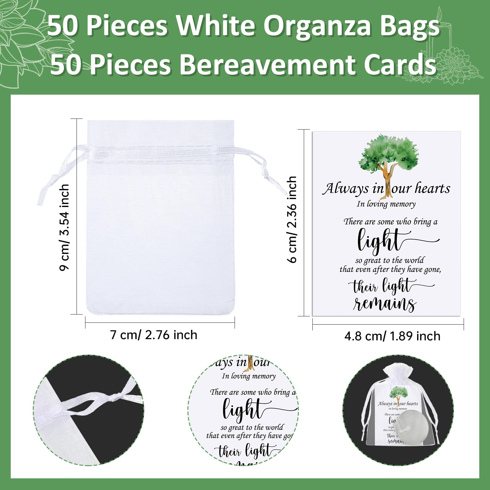 50-Pack Memorial White Unscented Tealight Candles with Condolence Cards & Organza Bags - Funeral Party Favors, Sympathy Gifts for Celebration of Life Decorations - Perfect for Memorial Services, Candlelight Vigils & Remembrance Events