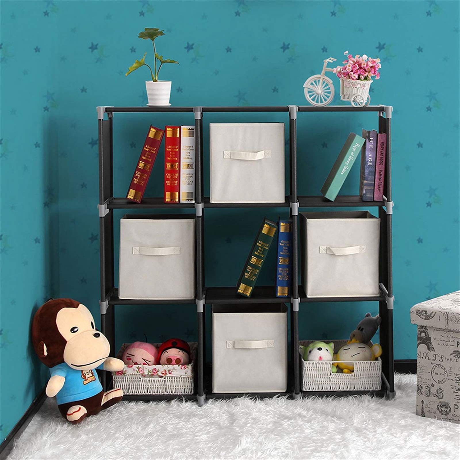 3-Tier Cube Storage Organizer - 9 Compartment Portable Bookshelf & Closet Shelf for Home Office Organization (Black, 12.68x11.73x13.07 Inch) - Perfect for Bedroom, Kids Room & Dorm Storage Solutions