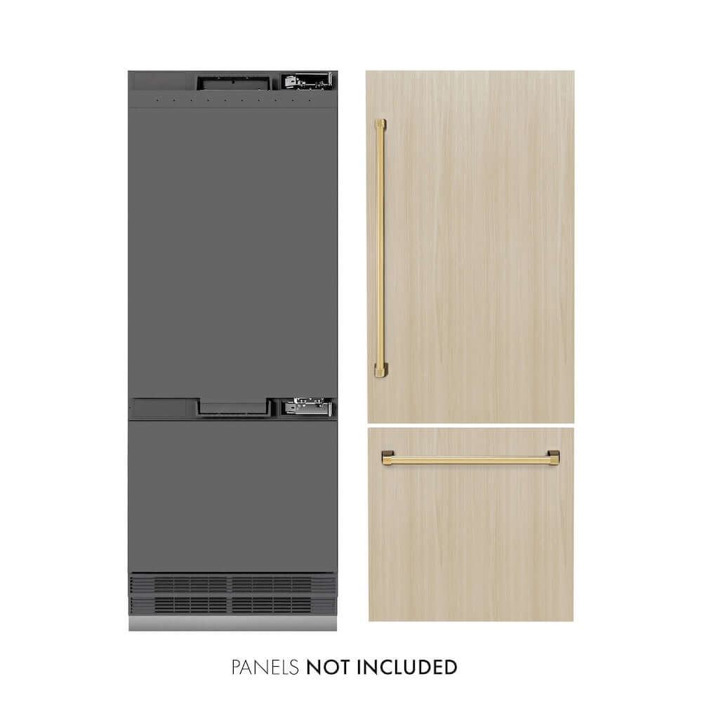 ZLINE Autograph Edition 30-Inch Built-In Bottom Freezer Refrigerator - 16.1 cu.ft Capacity, Panel Ready Design with Water Dispenser & Ice Maker, Graphite Gray Interior & Polished Gold Accents (GRBIVZ 30 G) - Perfect for Modern Kitchens, Open-Concept Homes & Luxury Condos