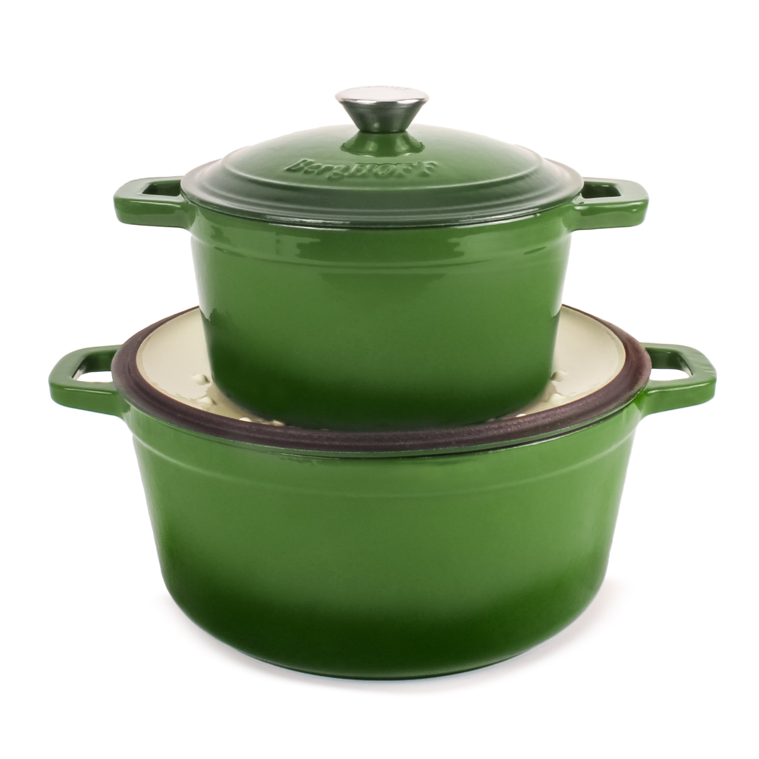 BergHOFF Neo 4-Piece Cast Iron Cookware Set - 3 Quart & 7 Quart Dutch Oven with Lid - Premium Green Enameled Cookware for Stovetop, Oven & Camping - Perfect for Soups, Stews & Braising
