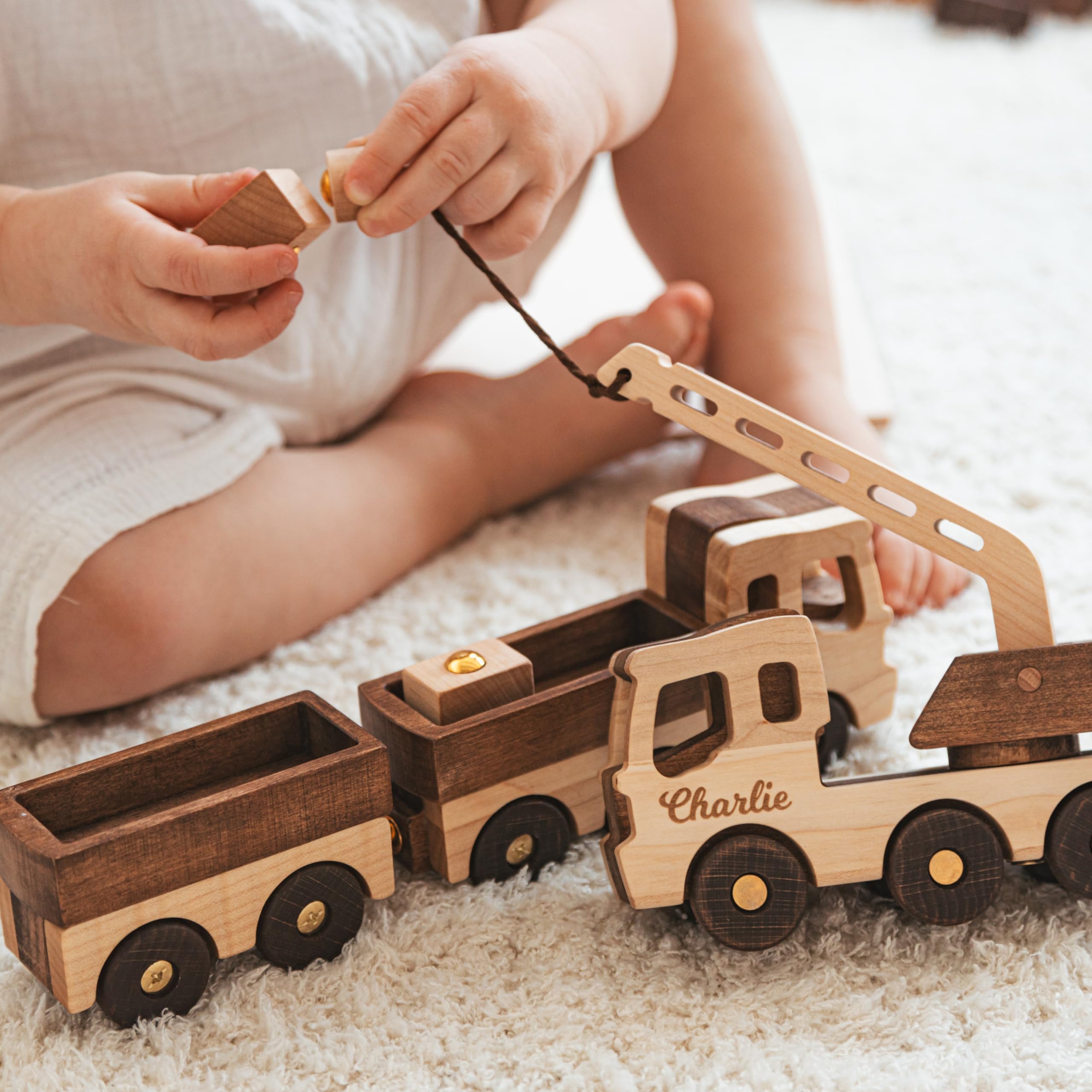 Personalized Wooden Toy Cars & Construction Vehicles - Montessori Sensory Toys for Toddlers, Best Birthday Gift for Kids - Perfect for Early Learning, Fidget Play & Pretend Construction Scenes
