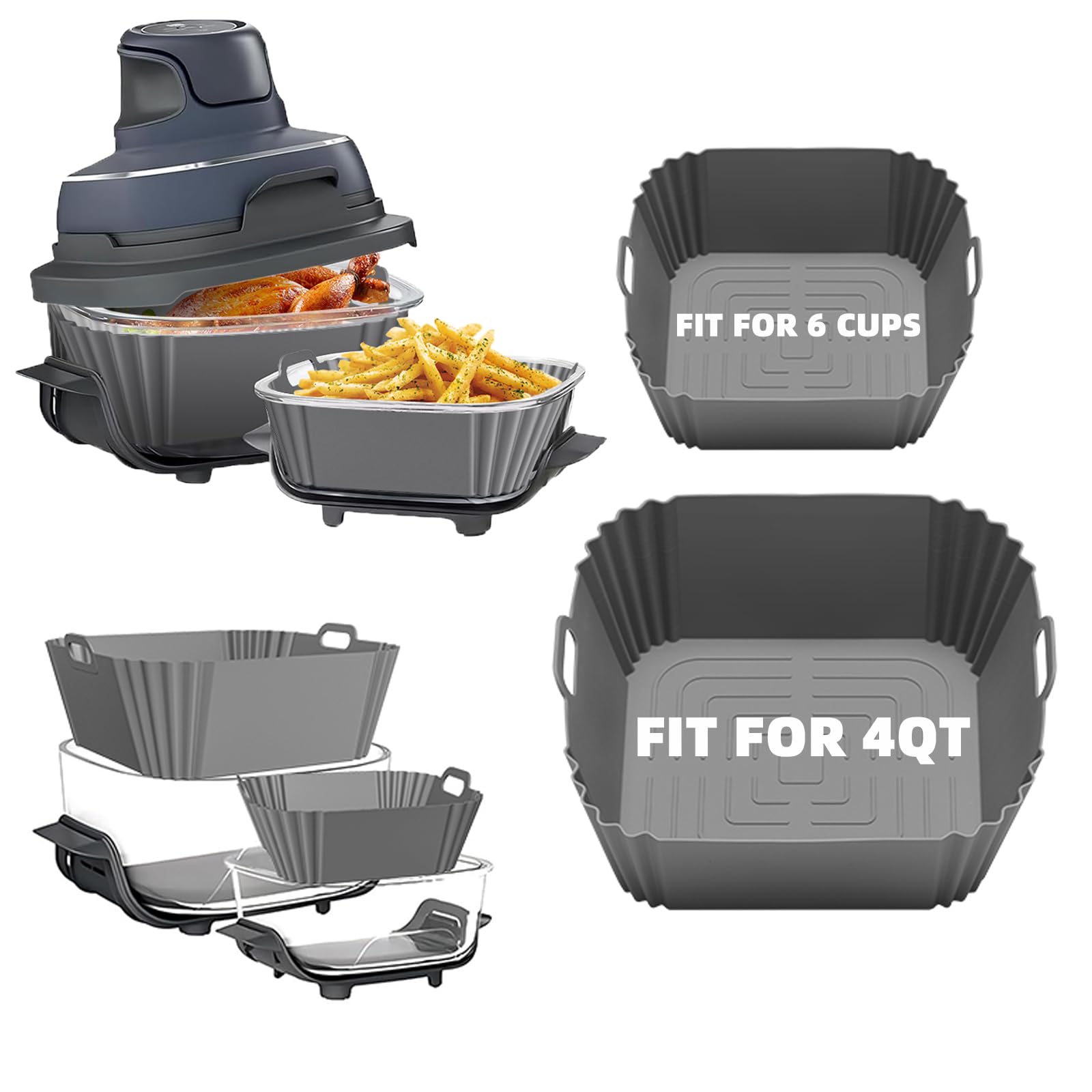2Pcs Silicone Air Fryer Liners for Ninja Crispi FN101GY/FN101SG/FN101ST - Large 4-QT & Small 6-Cups Reusable Non-Stick Baking Mats - Perfect for Air Fryer, Microwave, Oven & Dishwasher Safe - Essential Air Fryer Accessories for Healthy Cooking