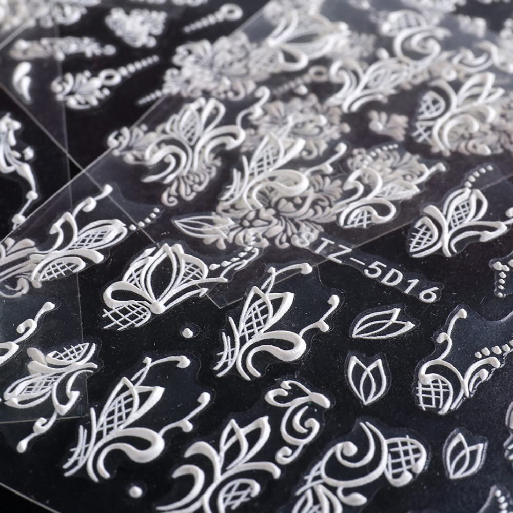 5D Flower Nail Art Stickers - 4 Sheets 3D Embossed Acrylic Nail Decals for Women, Self-Adhesive White Lace Floral Nail Designs for DIY Manicure | Perfect for Weddings, Parties & Everyday Nail Art Decoration