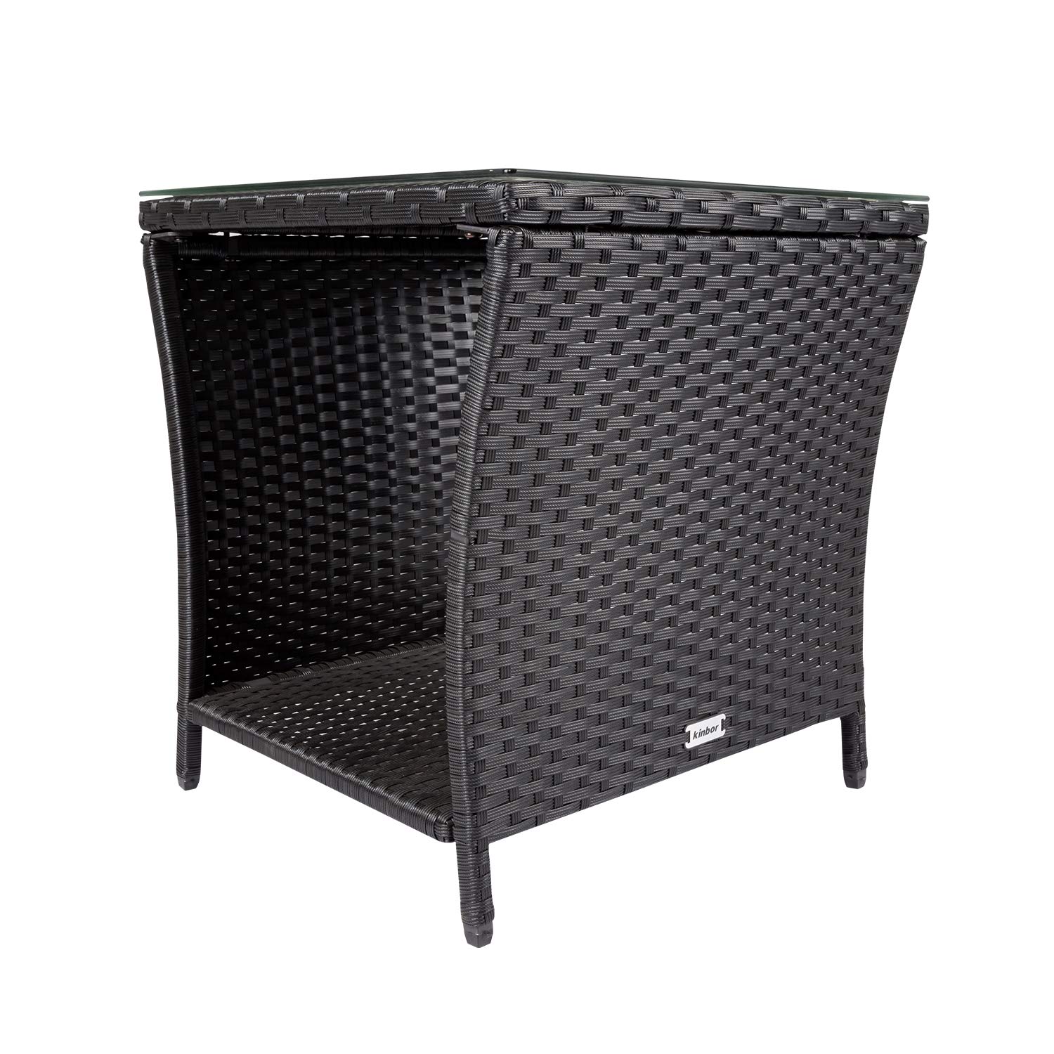 JSUN7 Outdoor Wicker Side Table with Storage & Glass Top - Square Rattan Patio End Table for Deck, Balcony, Poolside - Weather-Resistant Black Outdoor Furniture for Relaxing by the Pool or Entertaining Guests