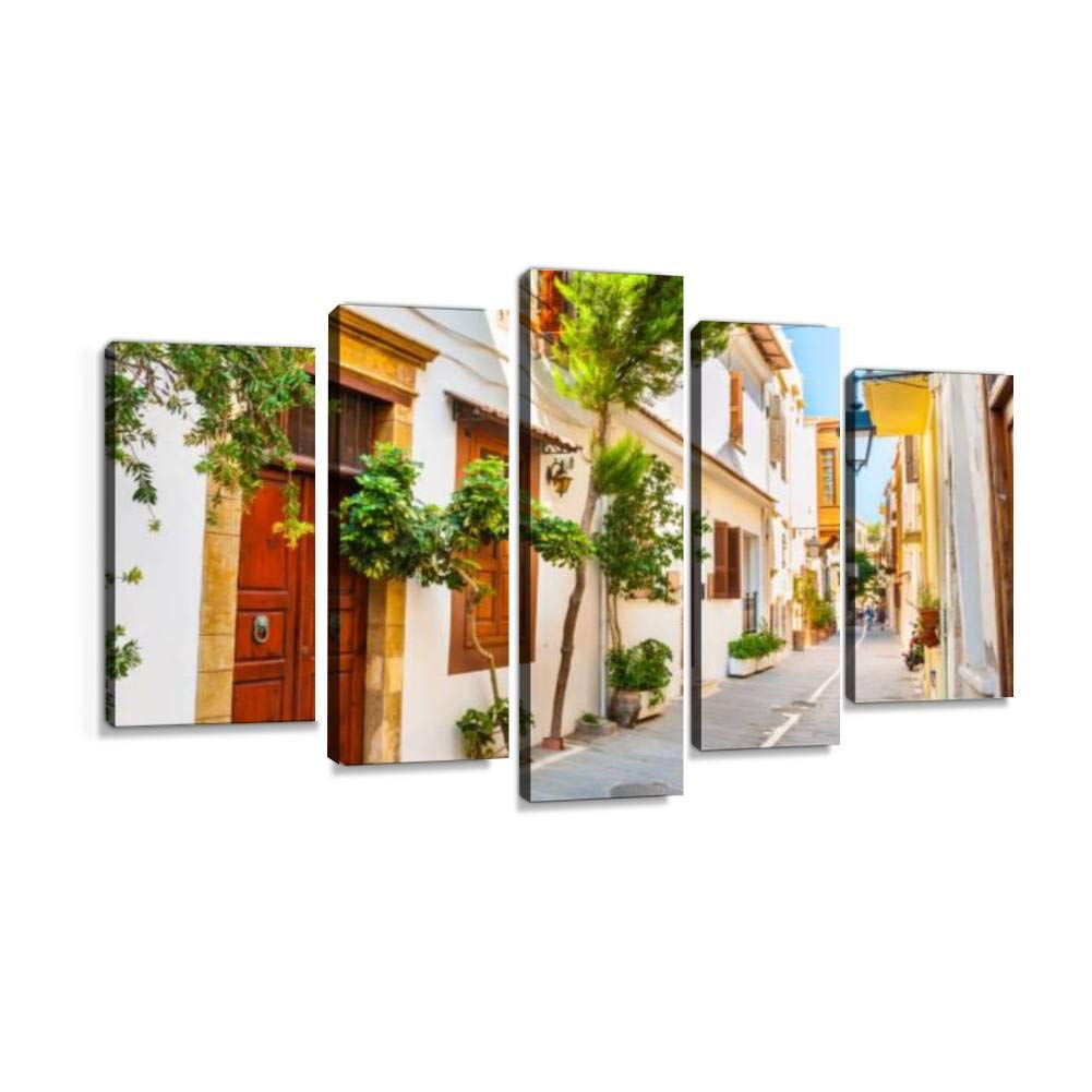 XEPPO Beautiful Street in Rethymno, Crete, Greece - Colorful Buildings Canvas Wall Art Prints, Abstract Landscape Photography Paintings for Modern Home Decor - 5Pcs Stretched & Framed - Perfect for Living Room, Bedroom, Office & Gift Giving