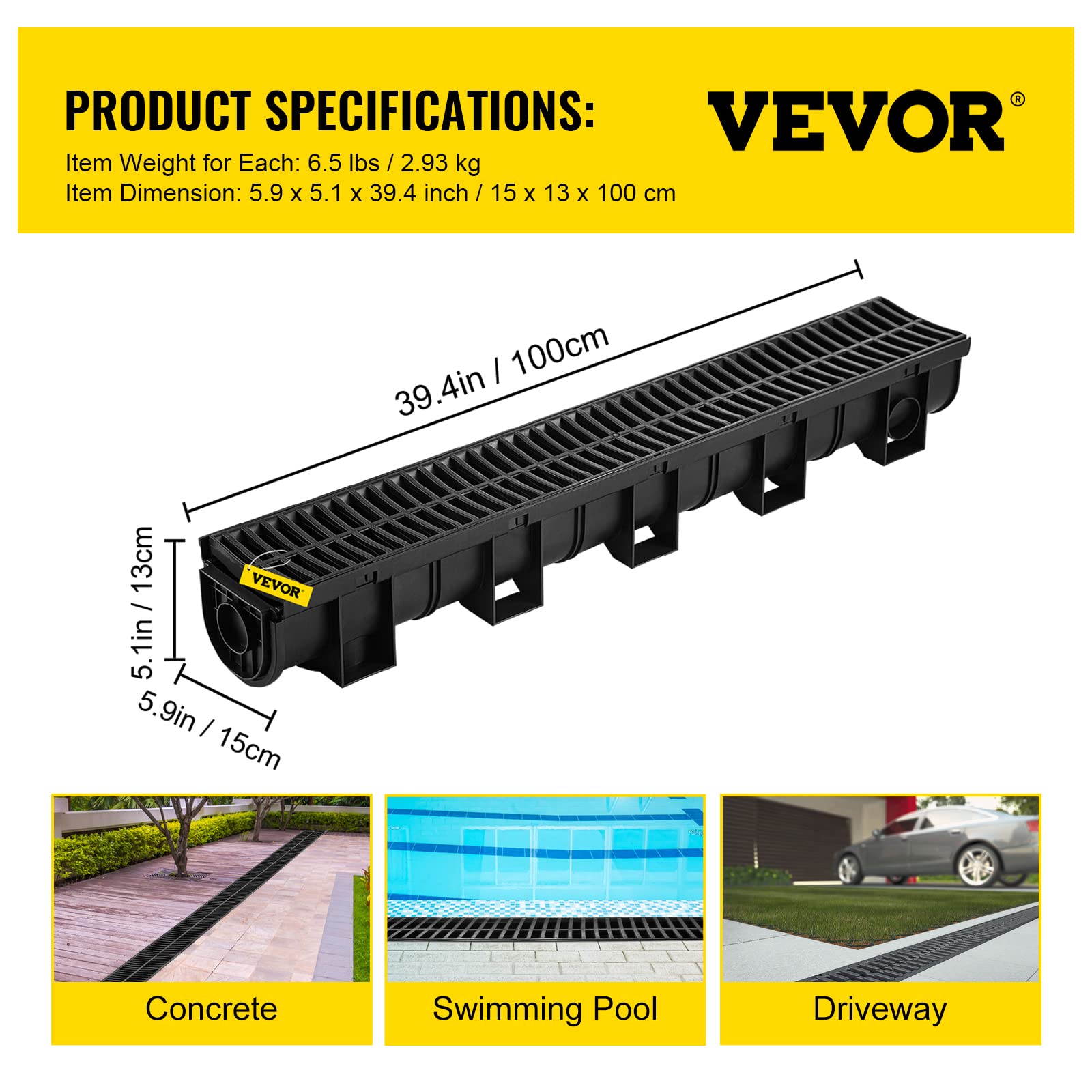 VEVOR 5.9x5.1-Inch HDPE Trench Drain System with Plastic Grate - Heavy Duty Channel Drainage for Garden, Driveway, Patio & Yard (6 Pack) - Perfect for Water Runoff Control and Landscape Drainage Solutions