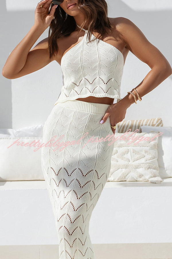 Stylish Solid Knit Hollow Halter Top & Stretch Fit Maxi Skirt Set for Women | Summer Beach Outfit, Boho Chic Look, Casual Wear