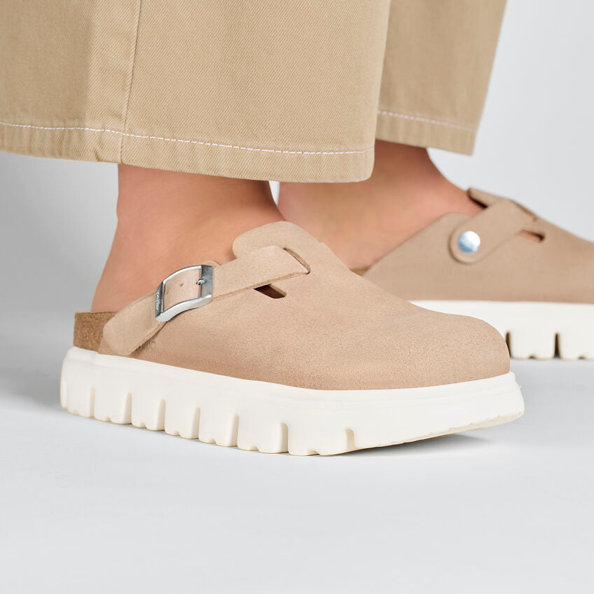 Birkenstock Boston Soft Footbed Sandals - Chunky Suede Leather in Warm Sand | Comfortable Unisex Clogs for Home, Office & Casual Wear