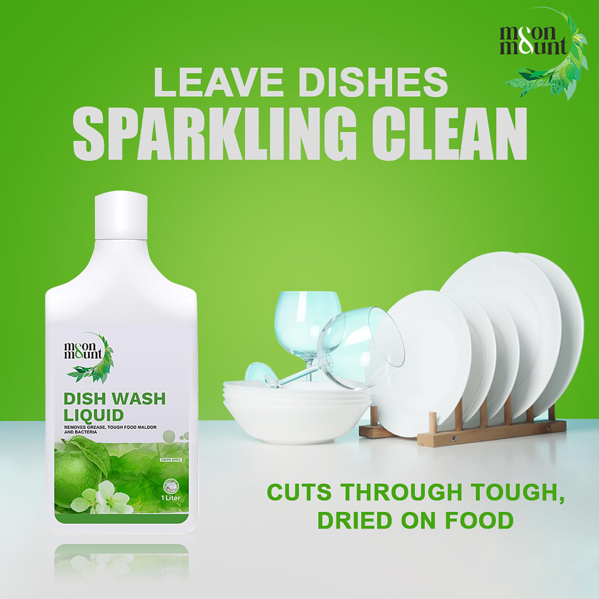 Moon & Mount Green Apple Dishwashing Liquid Gel - 1 Liter | No Residue, Powerful Grease Cleaner for All Kitchen Utensils | Perfect for Daily Dishwashing, Pots & Pans Cleaning