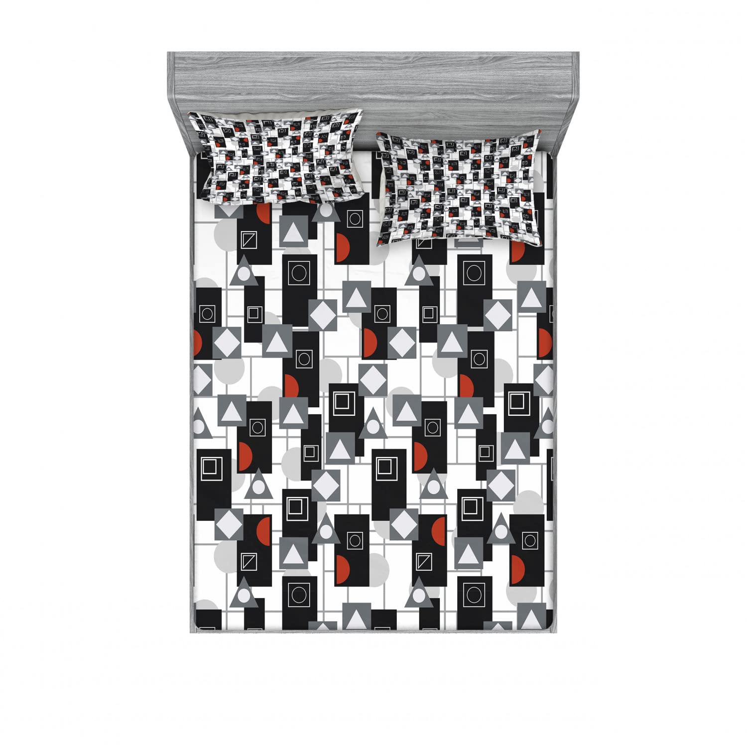 Ambesonne Geometric 2-Piece Full Size Fitted Sheet Set with 4 Pillow Shams - Modern Abstract Pattern Bedding in Grey Vermilion | Soft Stretch Jersey Fabric for Guest Rooms, Dorms & Apartment Decor