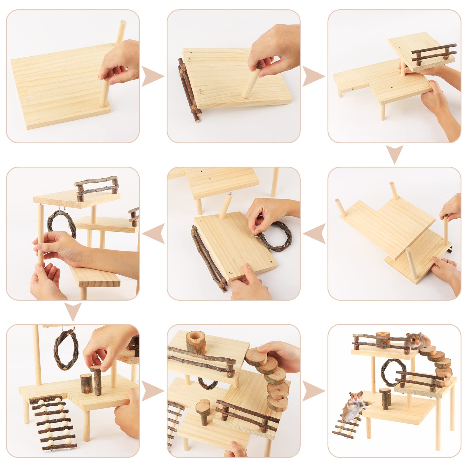 HOSUKKO 3-Tier Extra Large Hamster Climbing Toys - Natural Wooden Small Animal Playground with Bridge for Dwarf Hamsters, Mice & Gerbils - Perfect for Exercise, Exploration & Cage Enrichment (Great Gift for Pet Lovers)