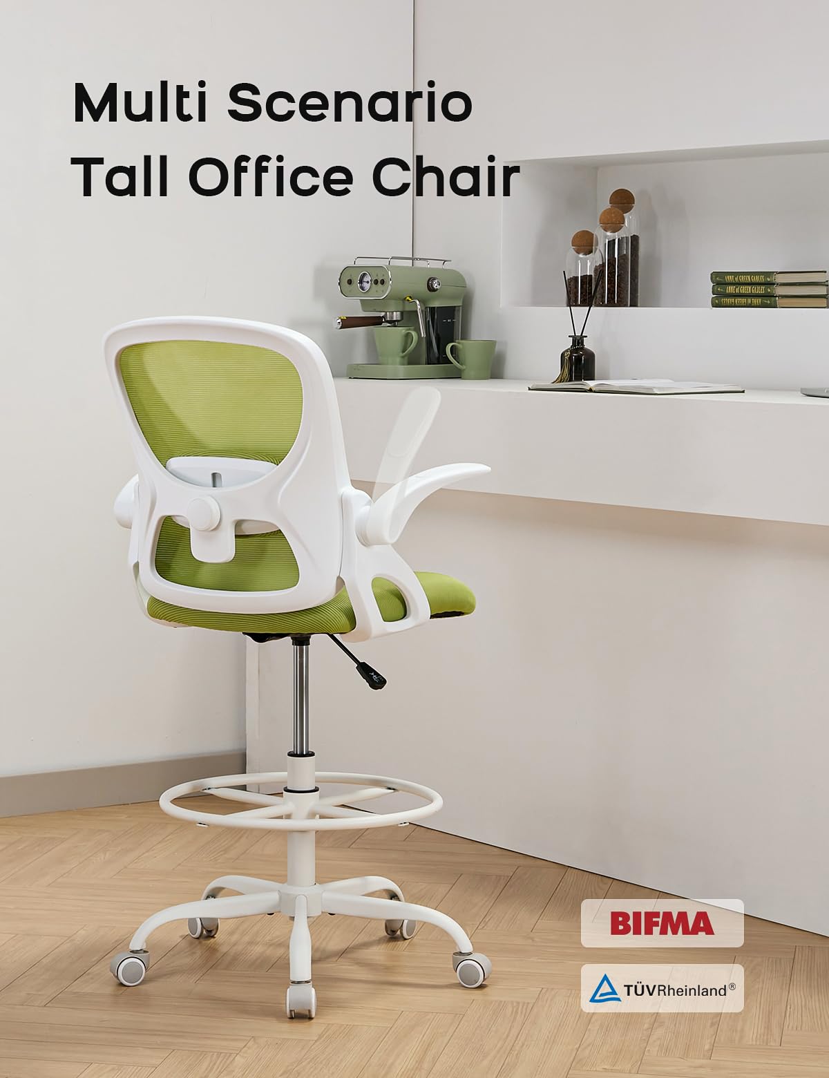 Ergonomic Drafting Chair with Flip-Up Armrests & Adjustable Footrest - Tall Office Chair for Standing Desks - Comfortable Lumbar Support Computer Chair for Bar Height Workstations (White-Green) - Perfect for Architects, Artists, and Home Office Workspaces