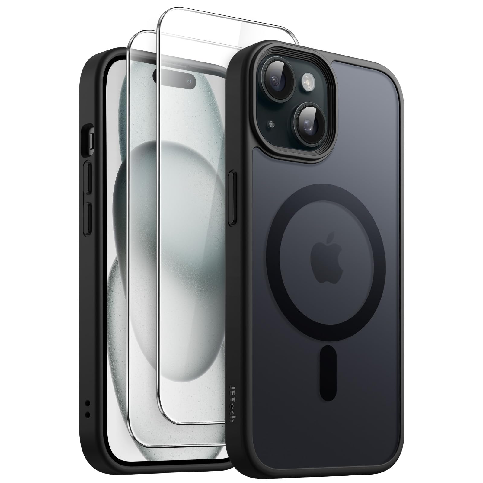 JETech 3 in 1 Magnetic Case for iPhone 15 6.1-Inch - 2 Pack Tempered Glass Screen Protectors, MagSafe Compatible, Translucent Matte Shockproof Phone Cover (Black) | Perfect for Work, Travel & Everyday Protection