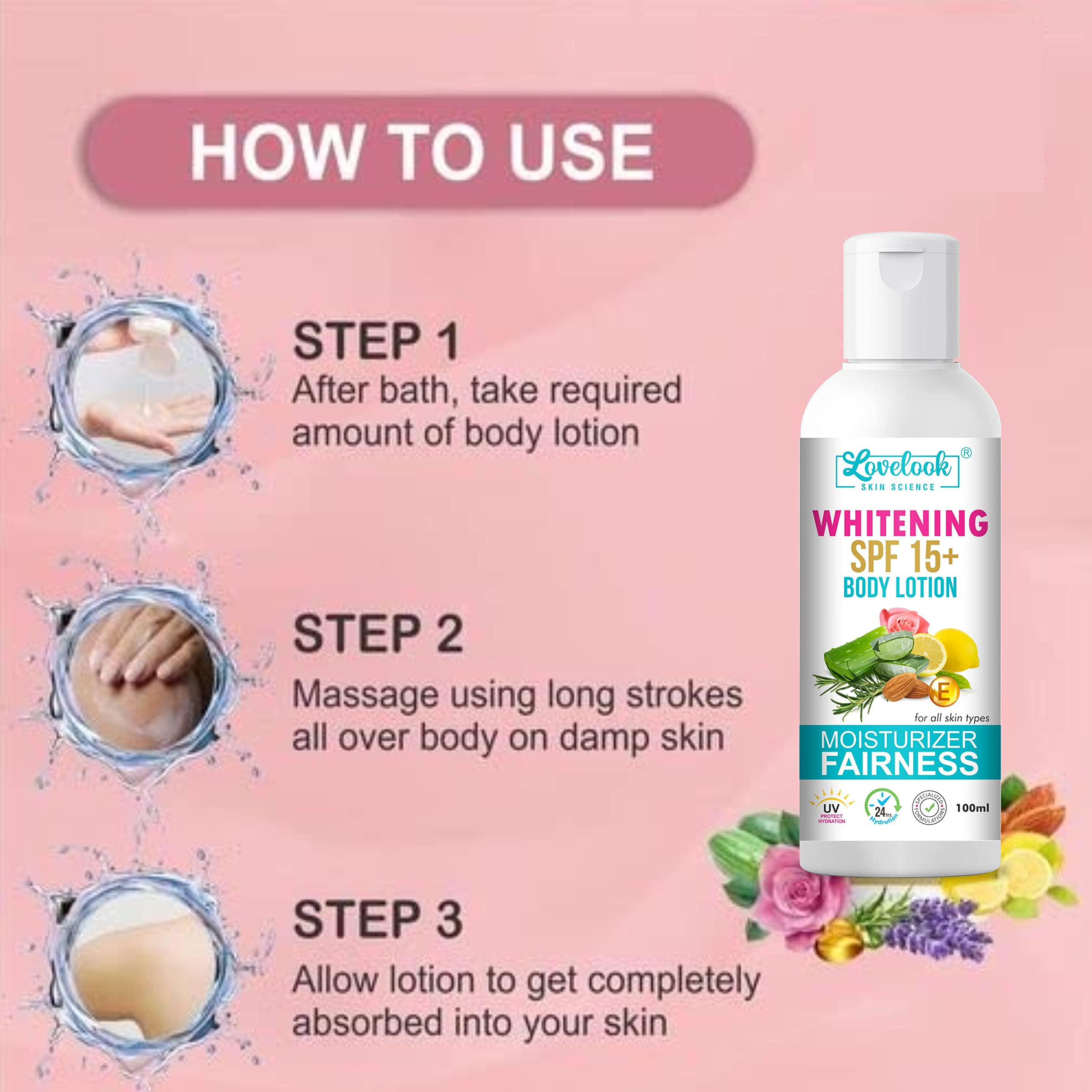 Lovelook Whitening Body Lotion SPF 15+ - Moisturizing & Brightening Cream for Face, Hands & Body - 100ml (Pack of 2) | Daily Hydration & Sun Protection for Radiant Skin
