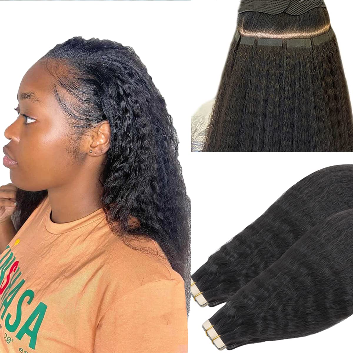 MY SHINY WIGS Kinky Straight Tape In Hair Extensions - 100% Human Hair - 40 Pieces (100g/Pack) - Seamless Skin Weft - Natural Black - 20 Inch - Perfect for Daily Styling, Parties & Special Occasions