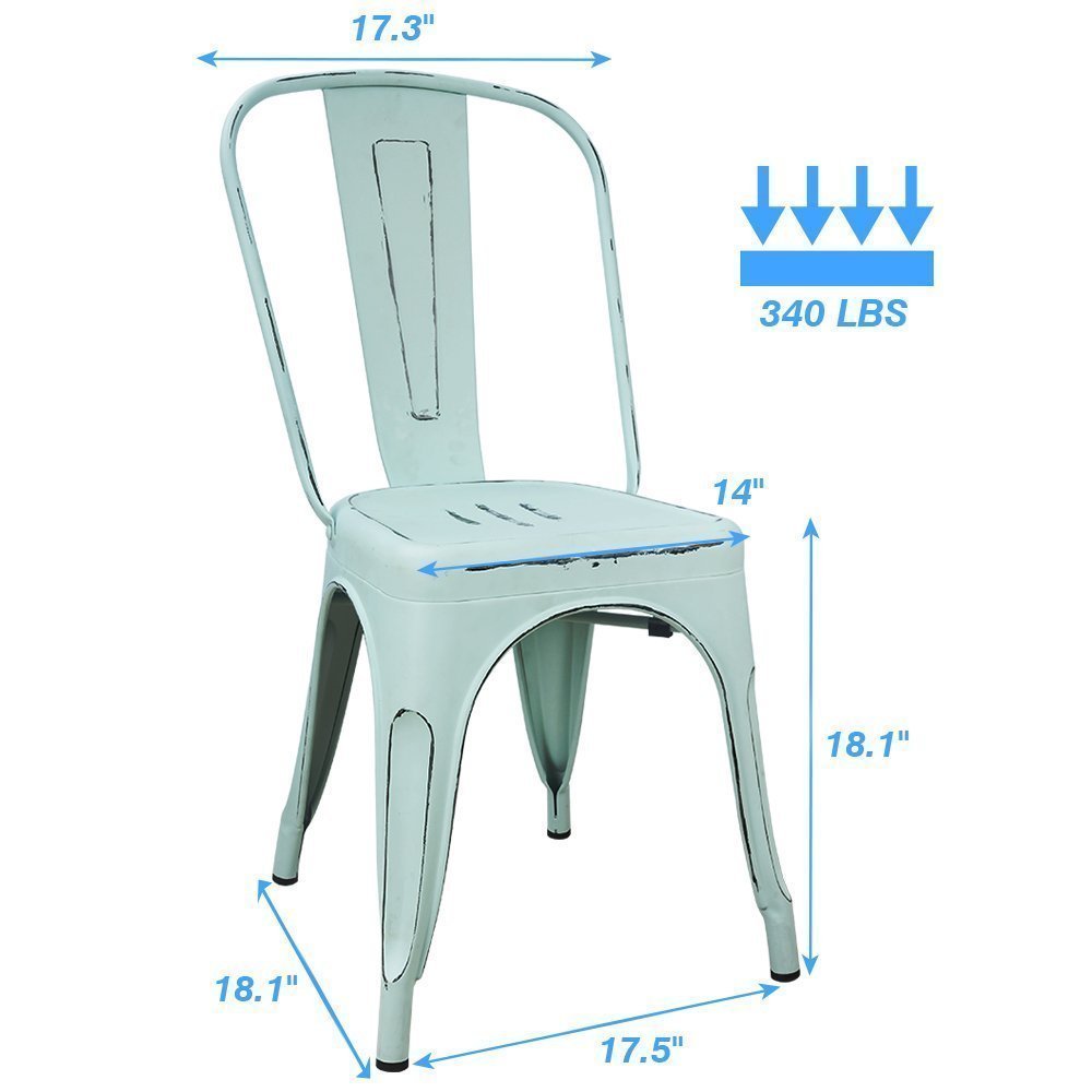 **Distressed Blue Metal Stackable Dining Chairs Set of 4 - Indoor & Outdoor Kitchen, Patio, Restaurant & Cafe Use - Rustic Farmhouse Style Side Chairs with Back Support**