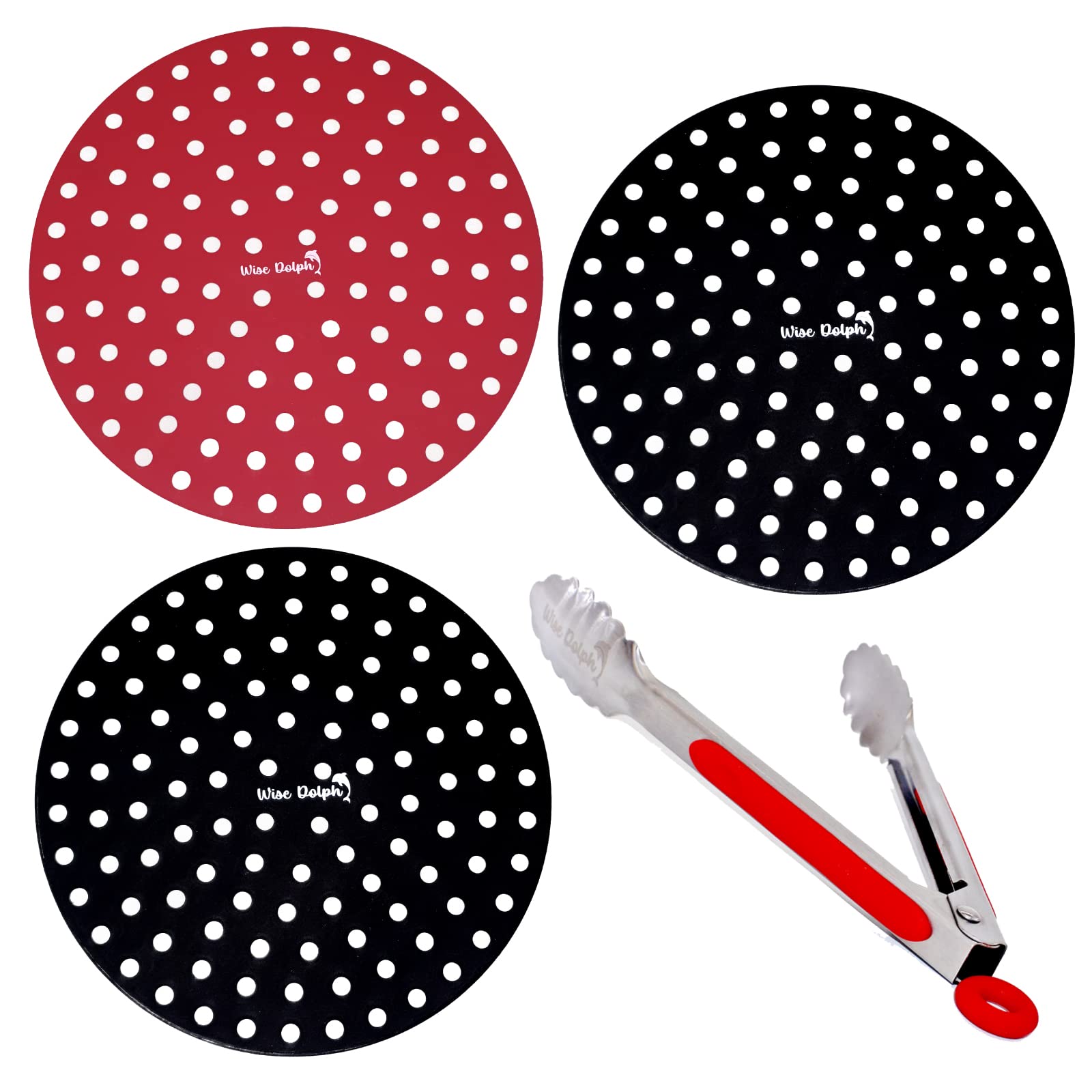 9 Inch Silicone Air Fryer Mat with 7 Inch Red Tongs - Reusable, Non-Toxic & Easy Clean Air Fryer Liners for Healthy Cooking | Perfect for Air Fryer Oven Accessories & Replacement Parts | Ideal for Roasting, Baking & Frying Chicken Wings, French Fries & Vegetables