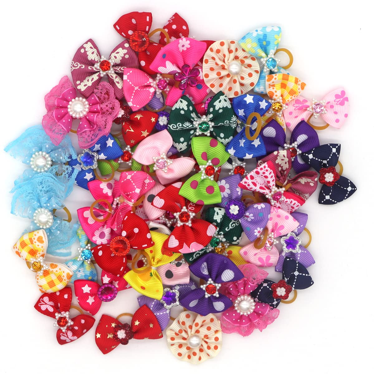 Wepetyo 100pcs Dog Hair Bows with Rhinestones - Mixed Colors for Puppy Topknot & Grooming