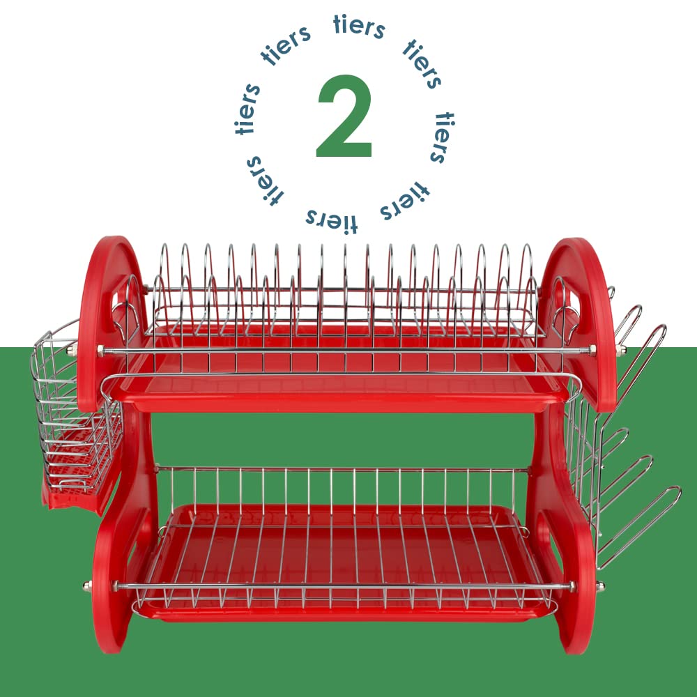 2-Tier Dish Rack with Cutlery Holder & Cup Slots - Space Saving Kitchen Organizer for Countertops