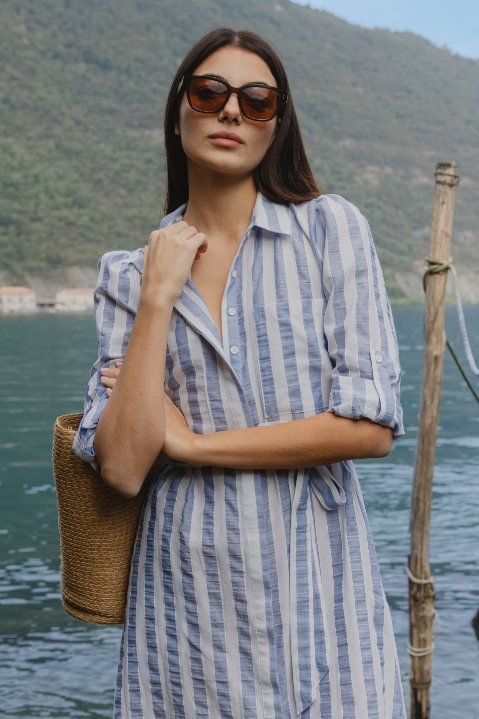 Stylish Cyprus Blue Striped Long Sleeve Midi Dress - Perfect for Casual Outings, Office Wear & Special Occasions