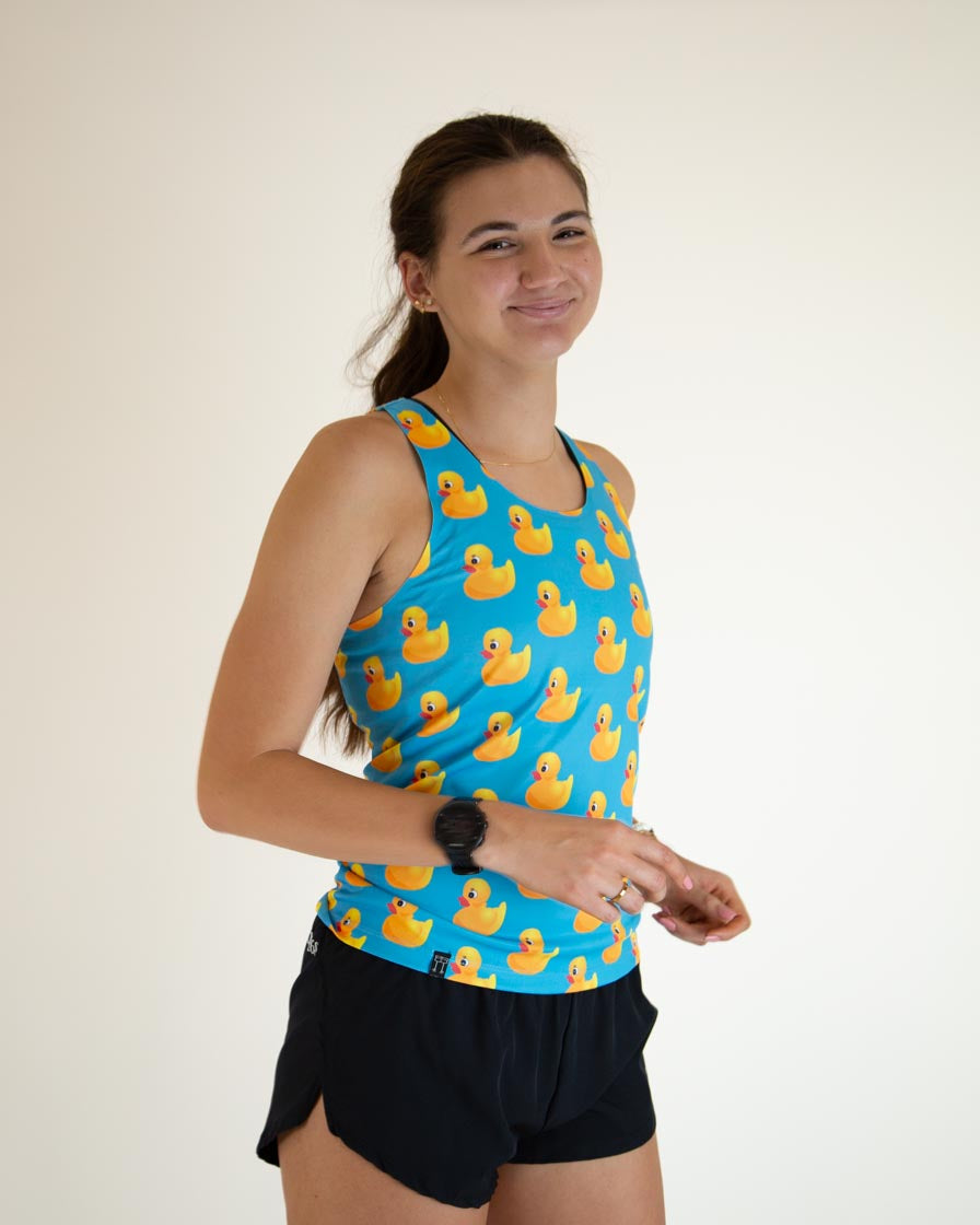 Women's High-Performance Rubber Ducky Singlet - Breathable Workout Top for Gym, Running & Yoga | Cute Duck Print Athletic Shirt