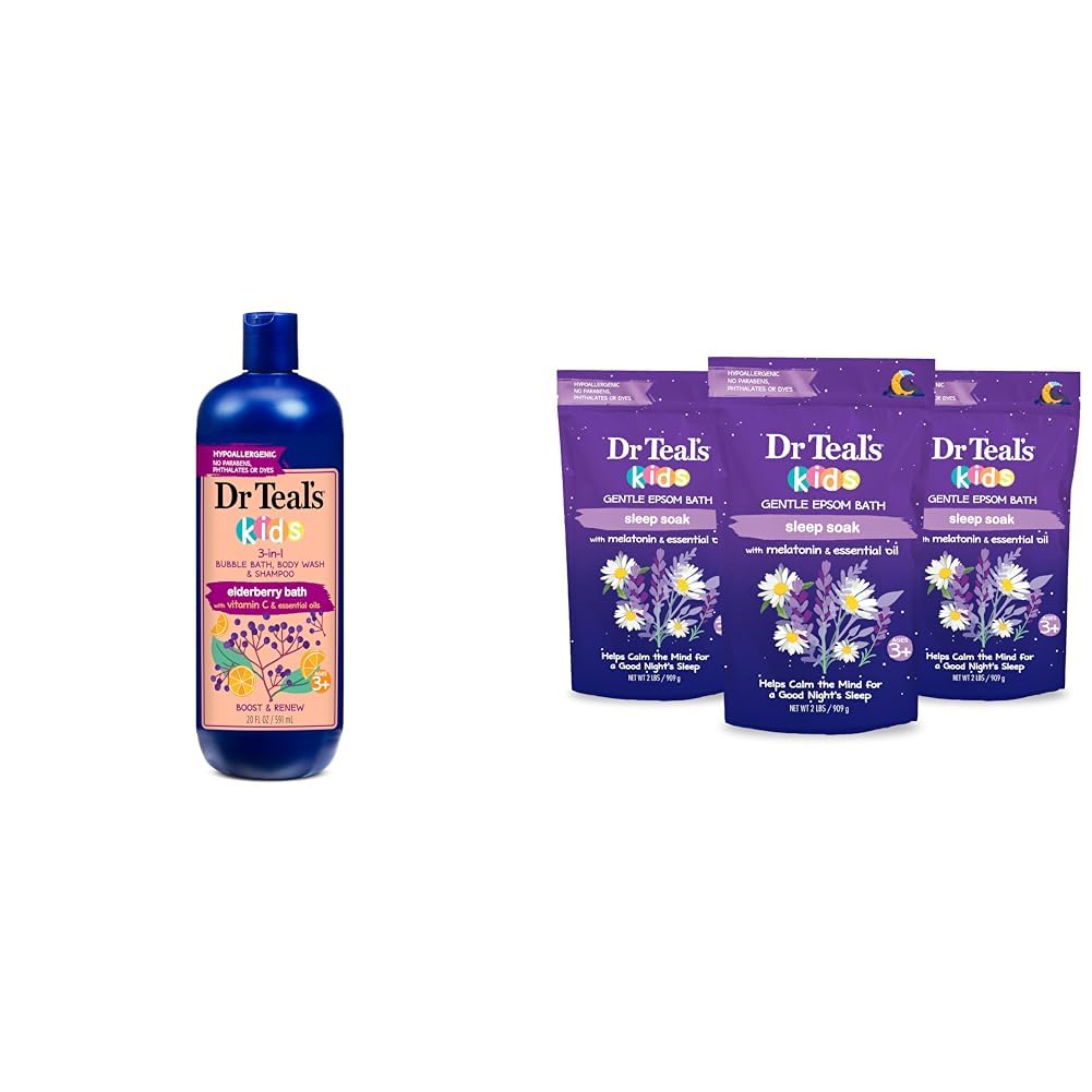 Dr Teal's Kids 3-in-1 Elderberry Bubble Bath, Body Wash & Shampoo with Gentle Epsom Salt - 20 fl oz & 2 lb Sleep Soak with Melatonin & Essential Oils (Pack of 3) | Relaxing Bedtime Bath for Kids, Calming Aromatherapy & Gentle Skin Care