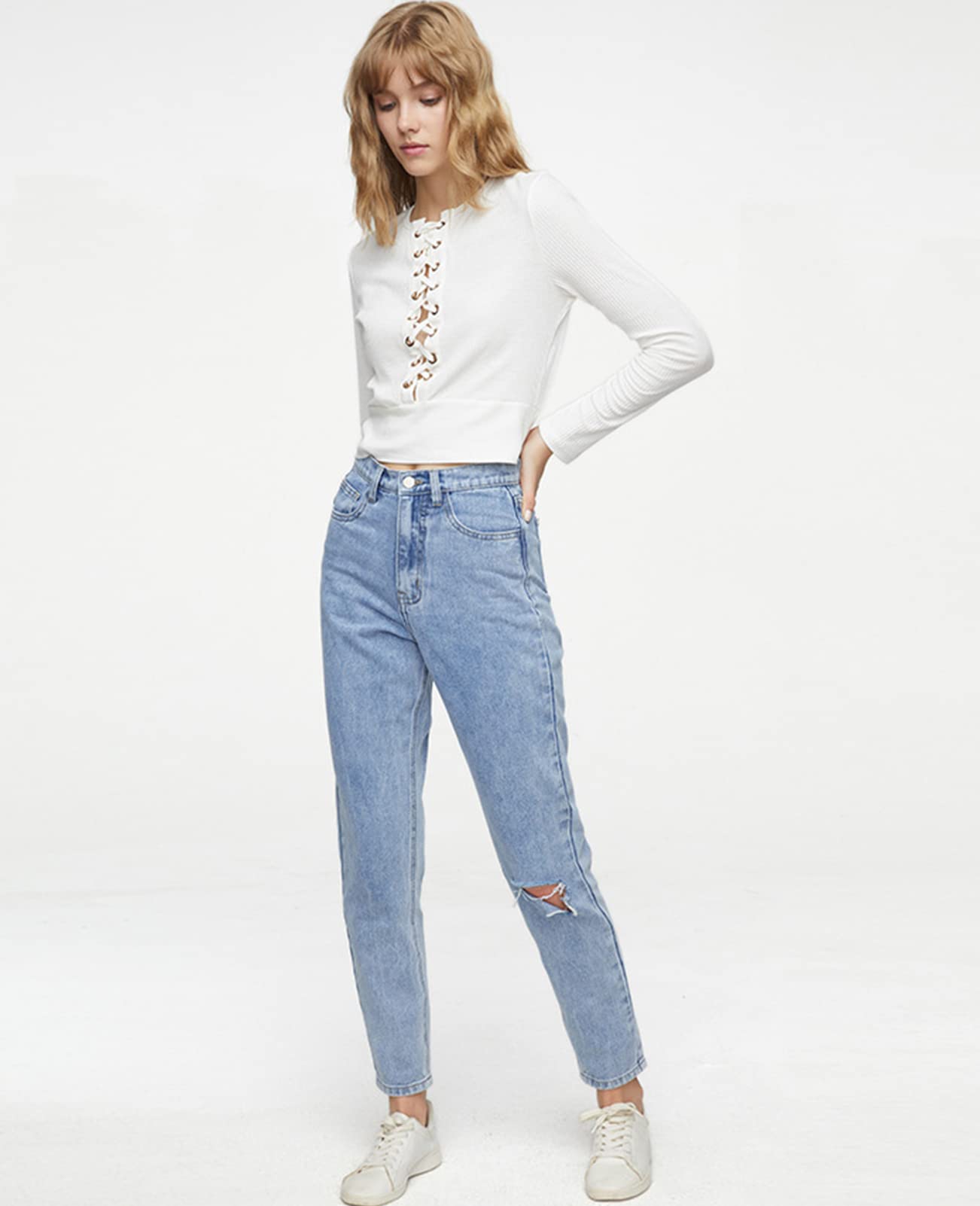 ZENTHACE Women's High Waist Boyfriend Ripped Jeans - Loose Fit Straight Leg Denim Pants for Casual Wear & Street Style Fashion