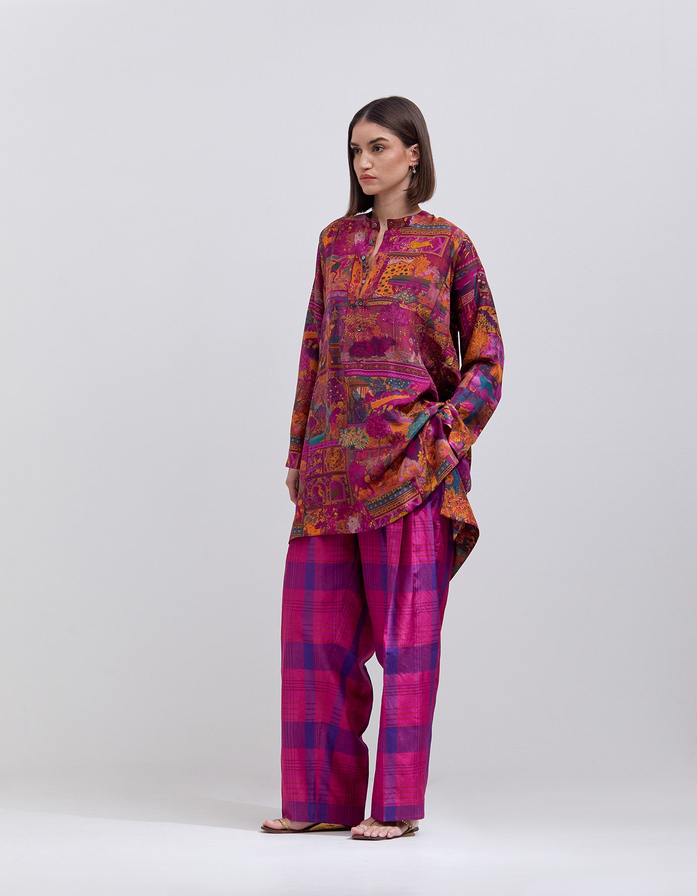 6-Pleat Silk Dupion Check Trousers in Purple - Elegant Office Wear & Formal Occasions