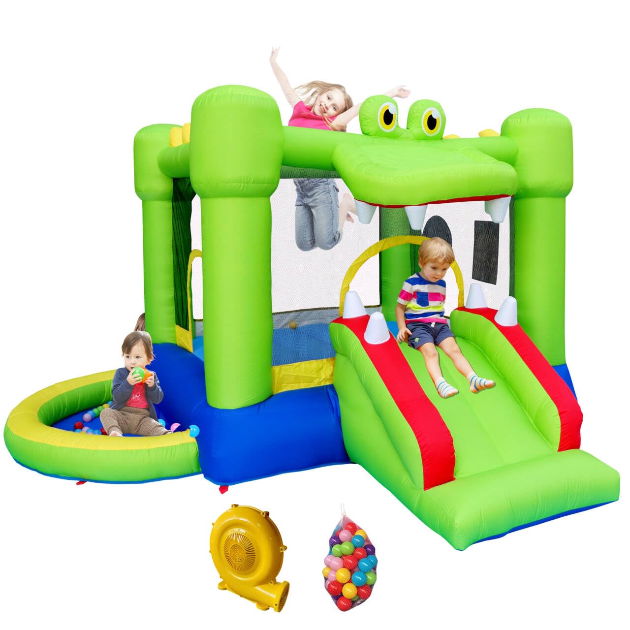 Inflatable Bounce House with Slide - Kids Jumping Castle with Blower & Ball Pit - Outdoor Water Slide & Dart Target Game for Birthday Parties, Backyard Fun, Summer Activities