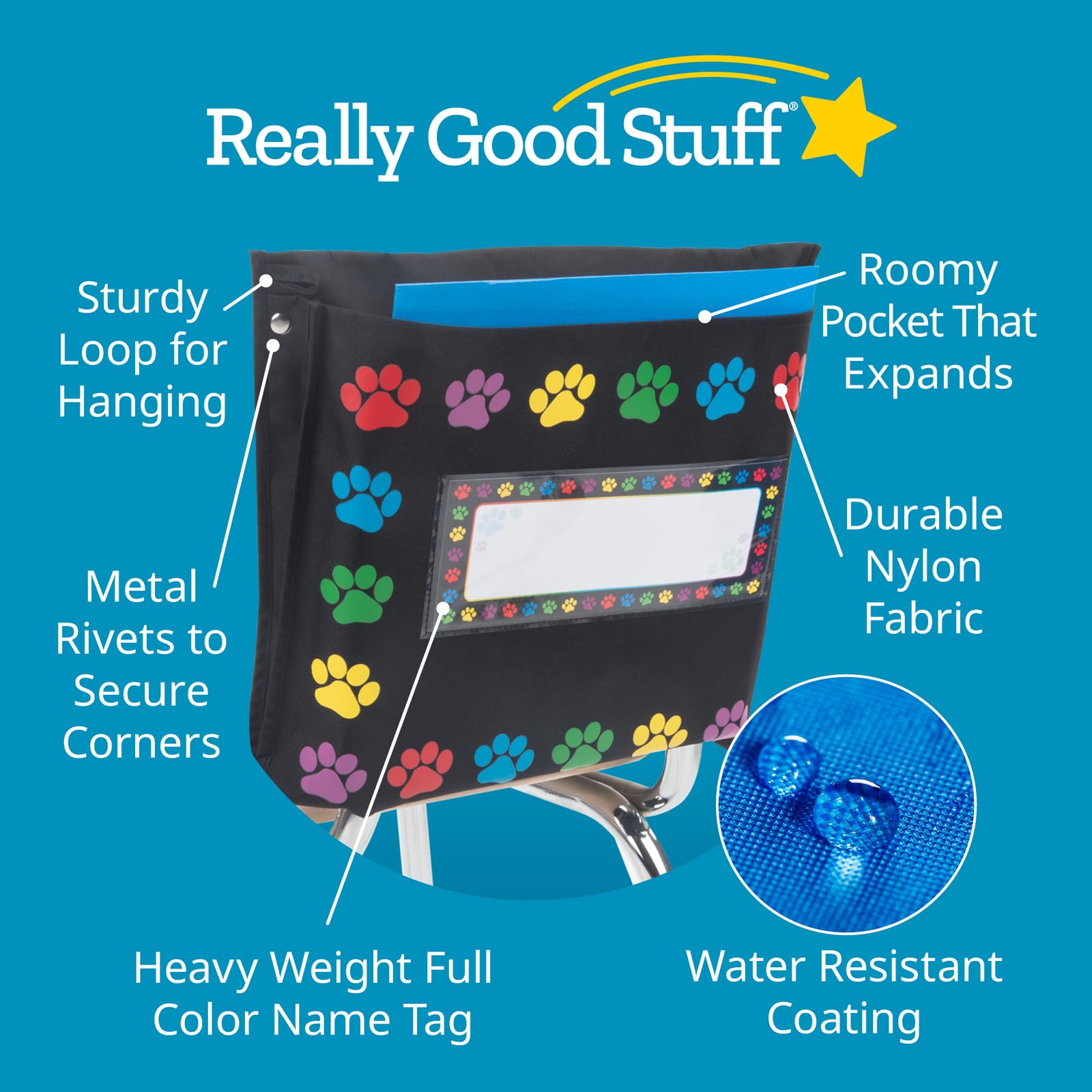 Really Good Stuff Paw Prints Border Store More Deep-Pocket Chair Pockets - 6 Pack | Classroom Organization & Storage Solutions for Teachers