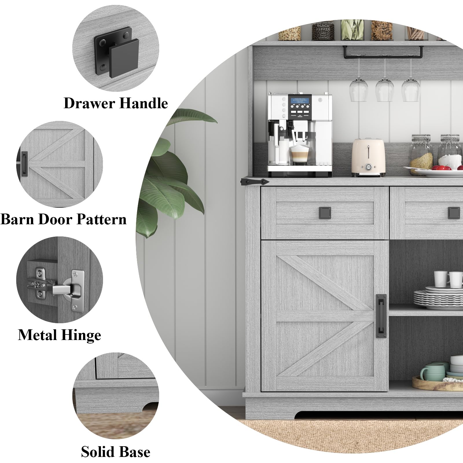 Farmhouse Bar Cabinet with Hutch - Kitchen Buffet Storage Cabinet with 3 Sliding Drawers, Adjustable Shelves & Goblet Holder - Grey - Perfect for Living Room, Dining Room, Home Bar & Entertaining