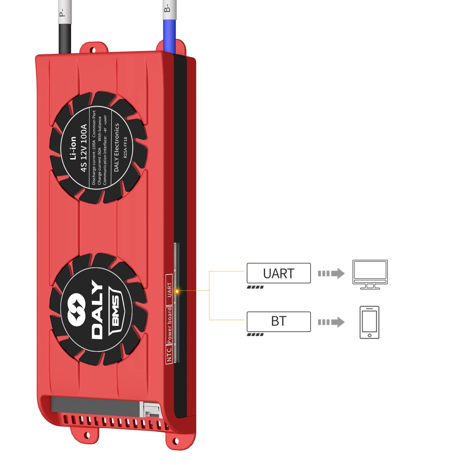 DALY Smart BMS 4S 100A 12V Lithium Battery Protection System with Bluetooth & Cooling Fan - SOC Monitoring for 3.7V Li-ion Battery Packs - Perfect for Home Backup Power Storage, Solar Energy Systems & RV Applications