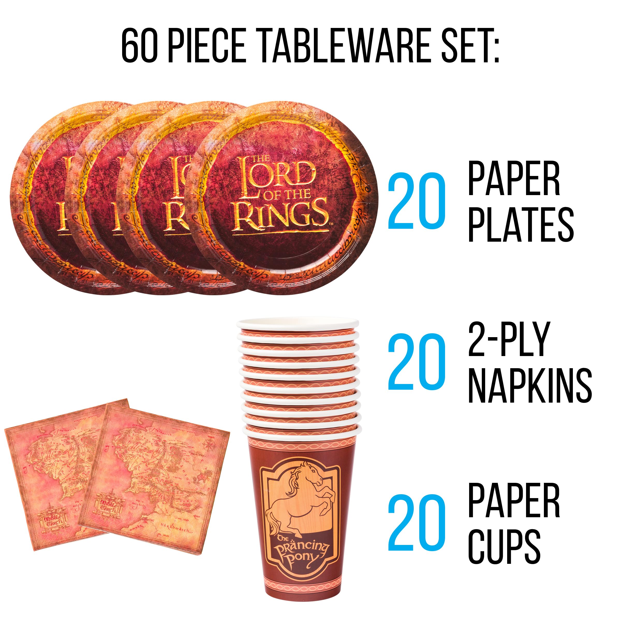 The Lord of the Rings Prancing Pony 60-Piece Disposable Party Set - Paper Plates, Napkins & Cups for Fantasy Themed Birthday, Movie Night & Game Party Decorations