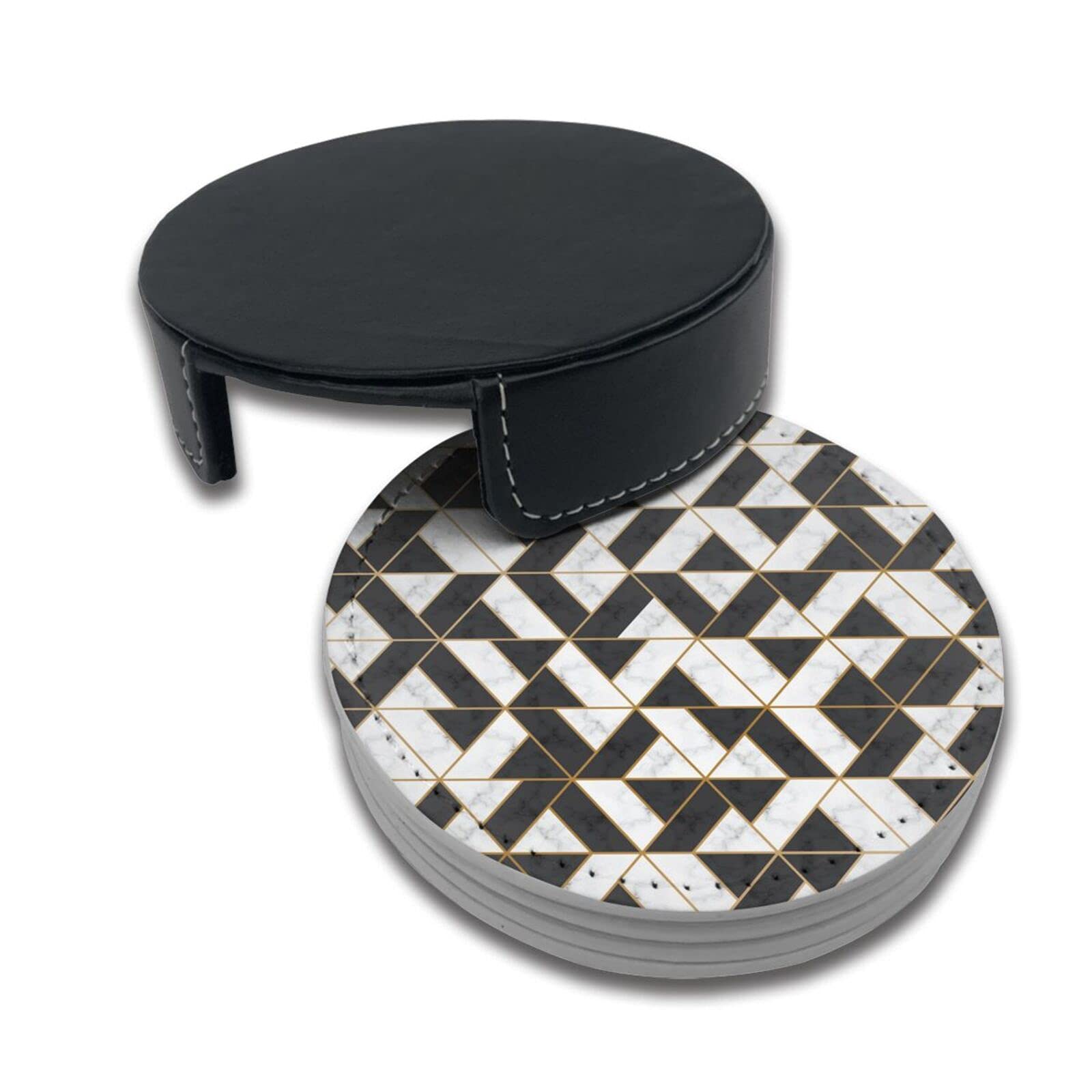 Premium Black White Gold Foil Geometric Leather Coasters with Holder - Set of 6 - Elegant Drink Coasters for Coffee, Wine & Cocktail Glasses - Perfect for Home, Office & Party Decor