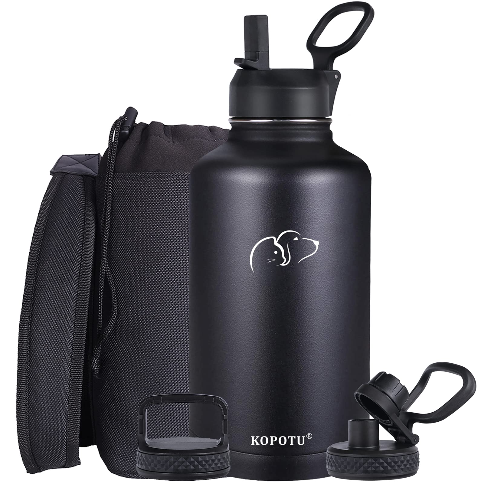 64 oz Insulated Water Bottle with 3 Lids (Straw Lid Included) - Double Wall Stainless Steel, Leakproof & Anti-Slip - BPA Free Thermos for Gym, Fitness, Hiking & Outdoor Sports - Keeps Drinks Cold 24Hrs/Hot 12Hrs