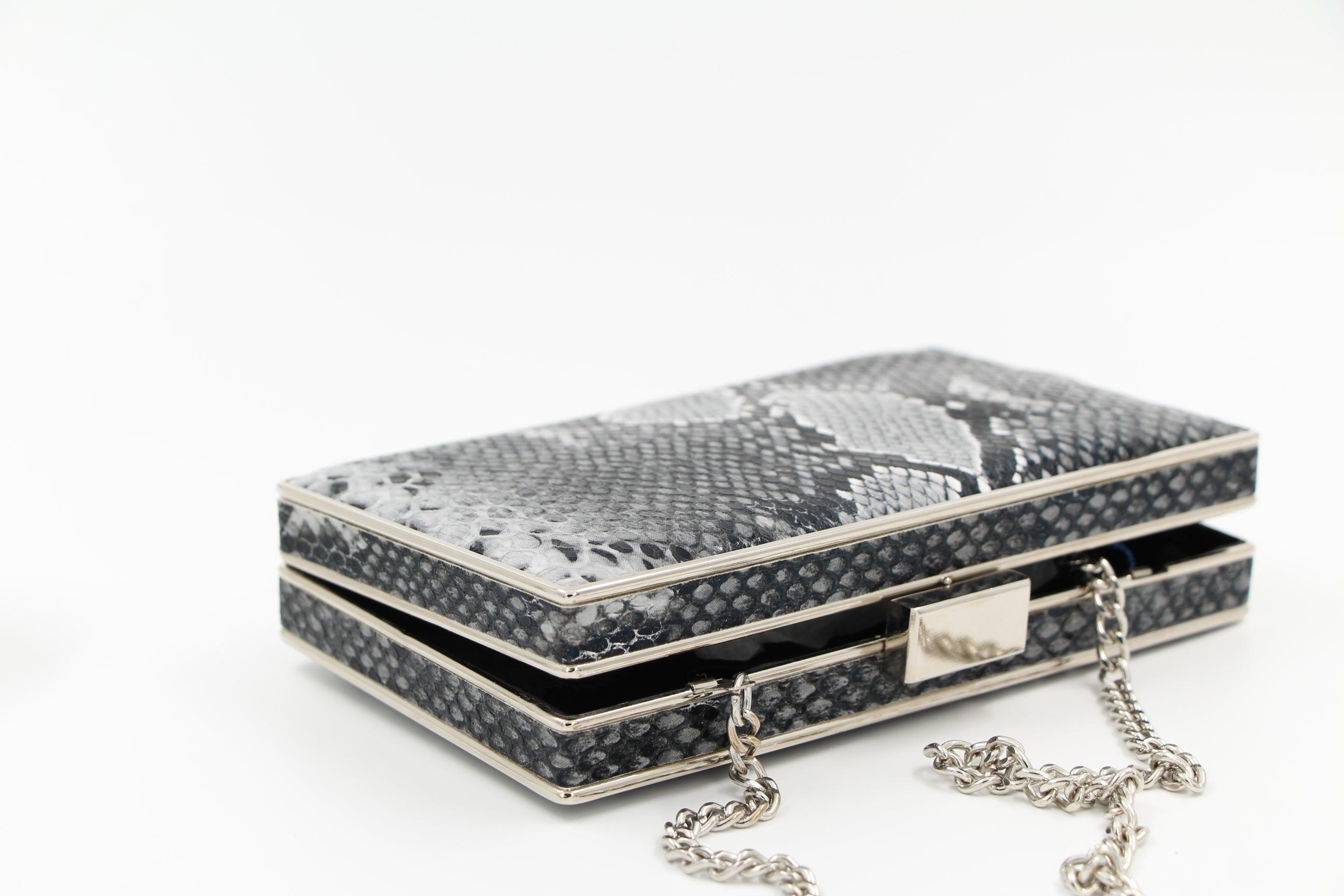 PEPE MOLL Grey Snake Print Box Clutch Bag - Stylish Women's Evening Clutch for Parties, Weddings & Special Occasions
