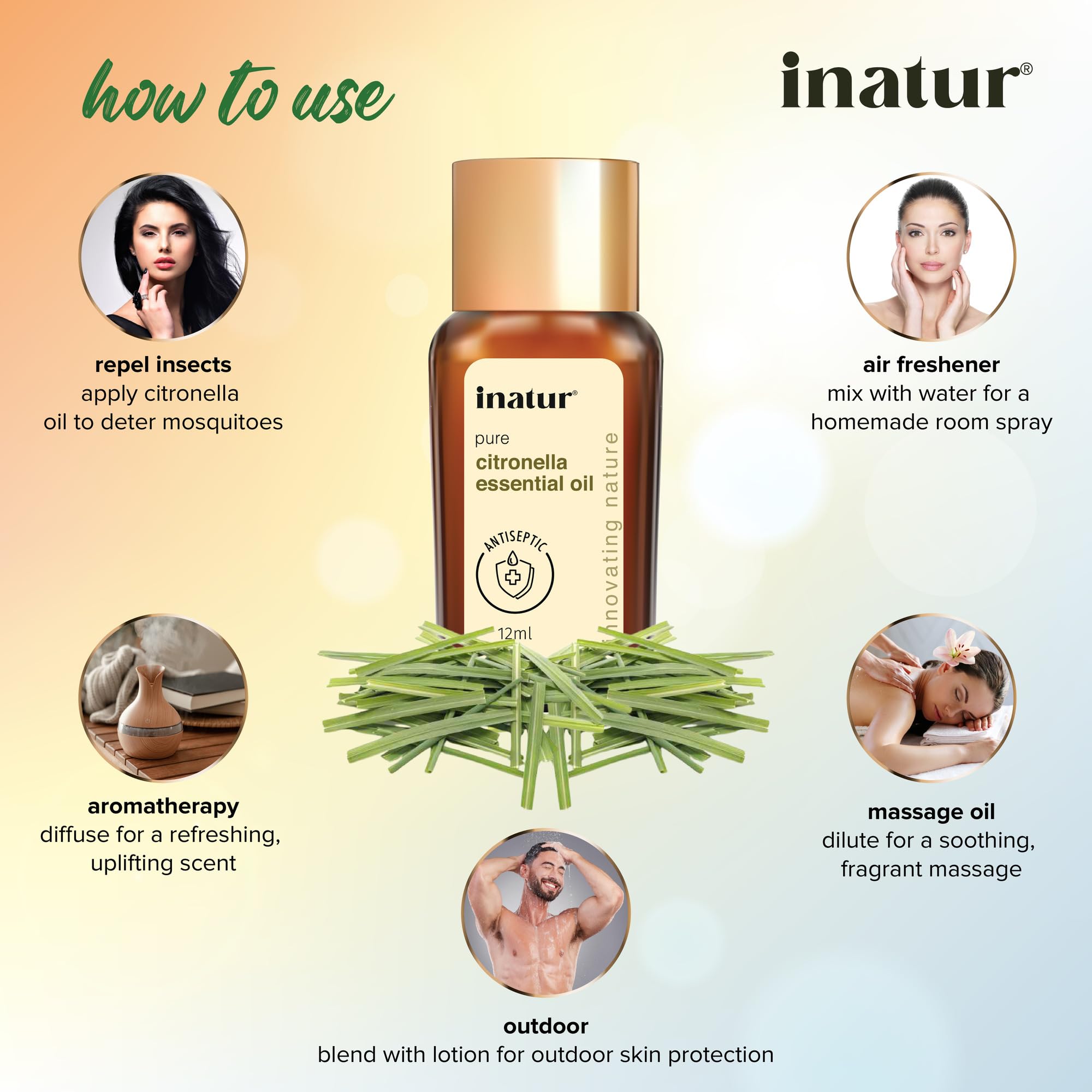 Inatur 100% Pure Citronella Essential Oil - 12ml for Aromatherapy, DIY Skincare & Natural Mosquito Repellent