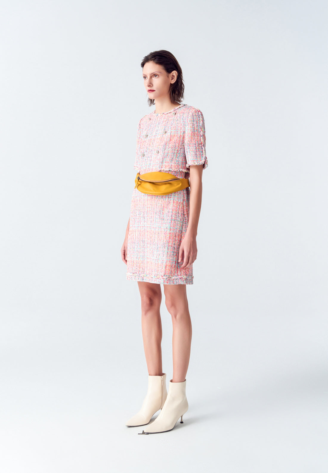 Elegant Pink Tweed Dress with Pearl Buttons - Women's Vintage Style Button Down Dress for Office, Party & Special Occasions