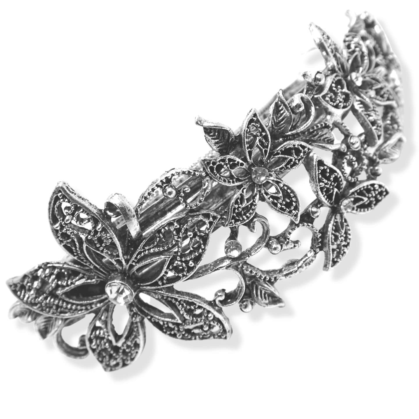Vintage Silver Crystal Flower Hair Barrettes for Women - 10cm Bridal Hair Clips, Elegant Diamante Hair Accessories | Perfect for Weddings, Parties & Special Occasions