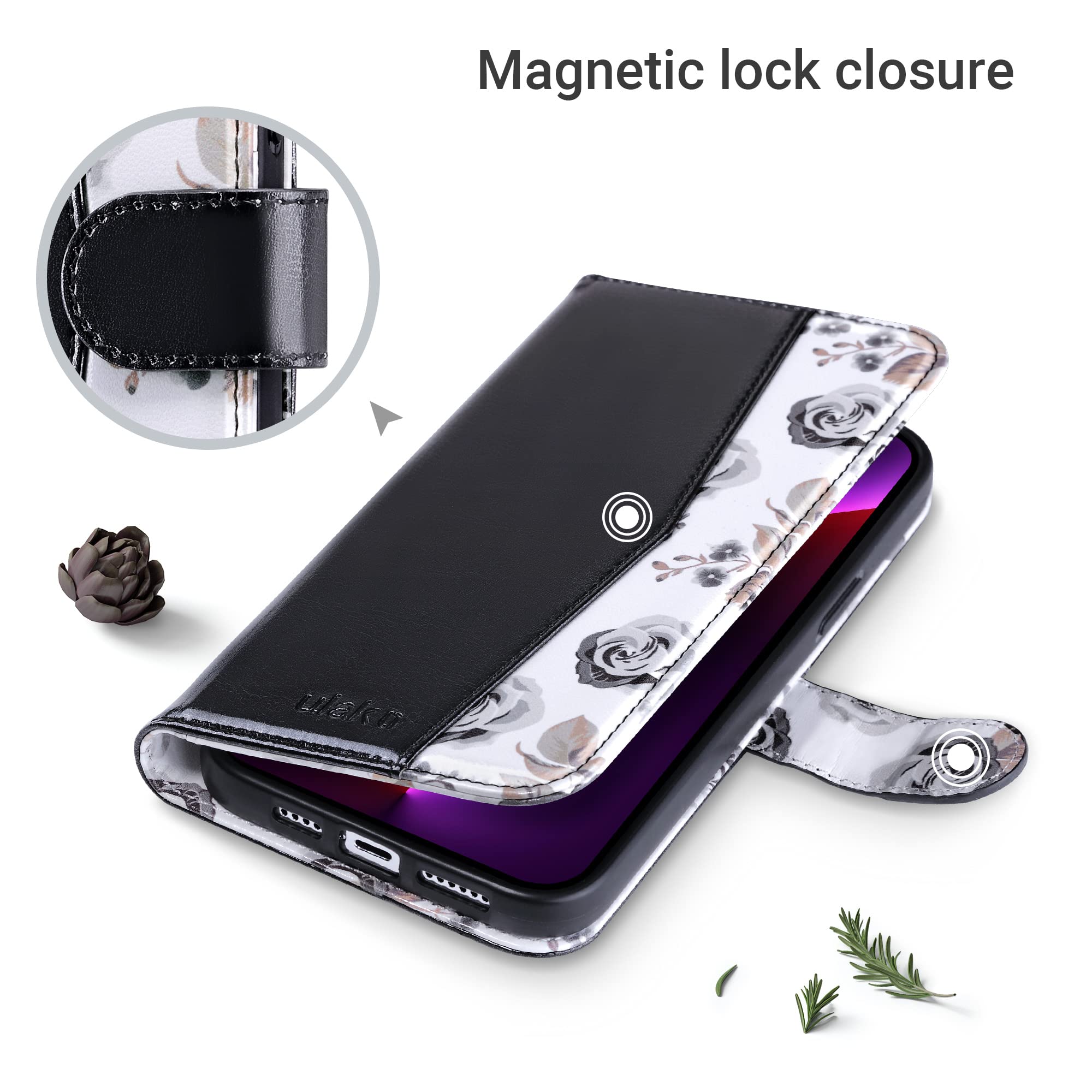 ULAK iPhone 13 Pro Max Wallet Case 6.7 Inch - Floral PU Leather Flip Cover with Card Slots & Kickstand | Shockproof Protective Phone Case for Women | Perfect for Work, Travel & Everyday Use (Black)