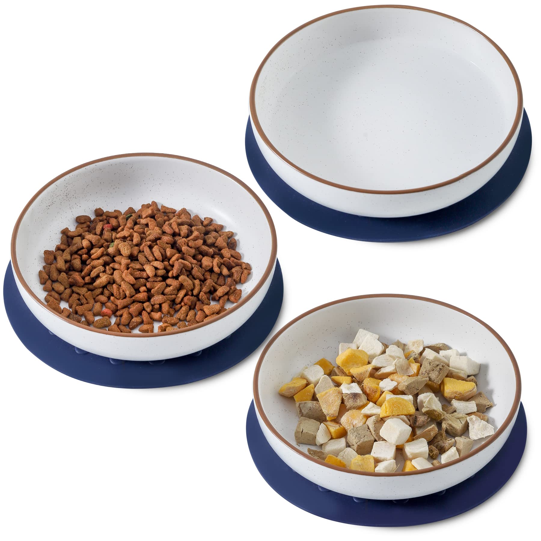 Howise 6 Inch Ceramic Cat Bowls with Non-Slip Mat - 3 Piece Cat Food and Water Dish Set - Wide Shallow Design for Whisker Fatigue Relief - Perfect for Kittens and Adult Cats - Ideal for Home, Kitchen or Pet Feeding Station (White)