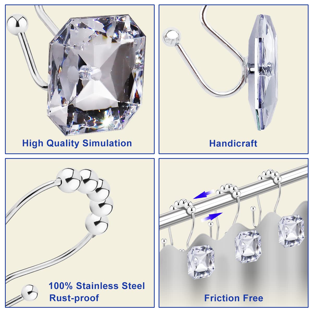 12PCS Crystal Rhinestone Shower Curtain Hooks - Anti-Rust Double Glide Rings for Bathroom, Shower Curtains, Towels & Clothing Hangers - Elegant Clear Design for Spa-Like Bathroom Decor